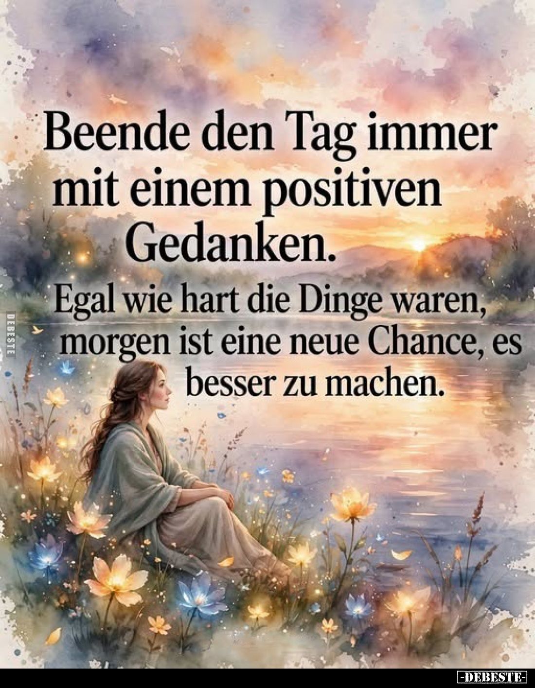 Beende den Tag immer mit einem positiven Gedanken.
Egal wie hart die Dinge waren, morgen ist eine neue Chance, es besser zu ...