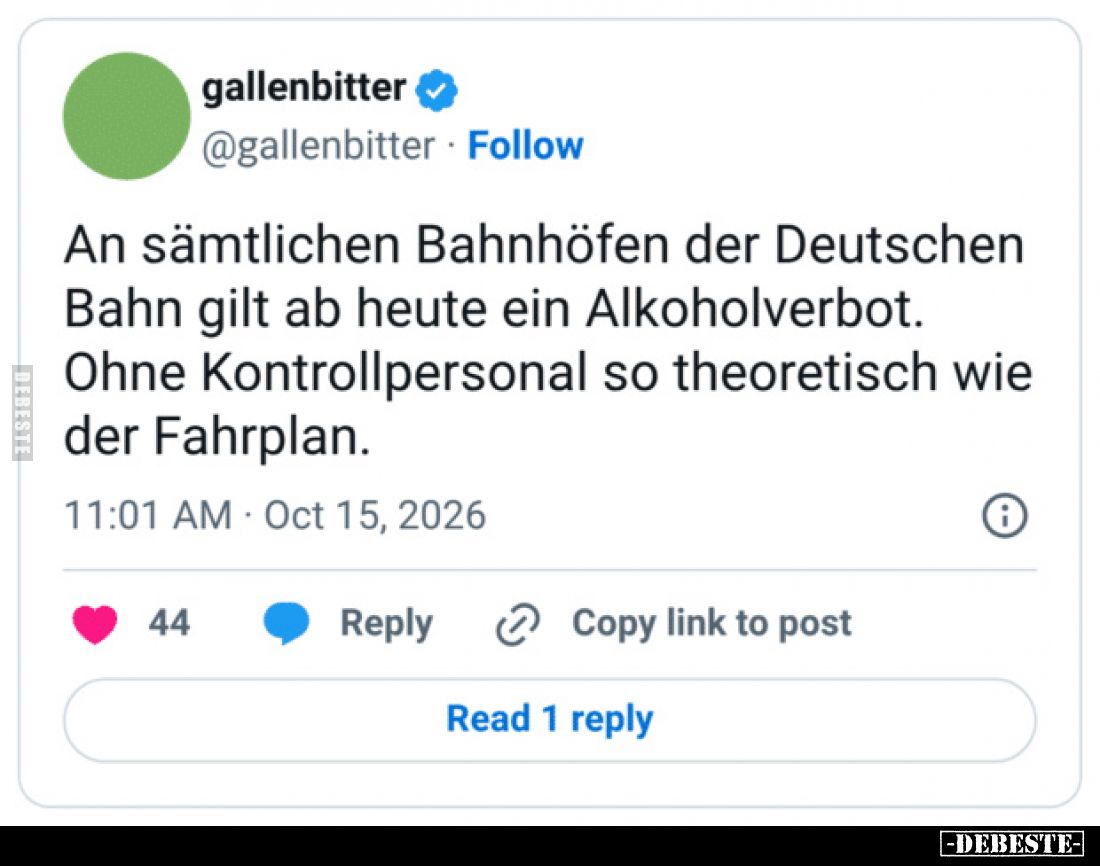An sämtlichen Bahnhöfen der Deutschen Bahn gilt ab heute ein Alkoholverbot.
Ohne Kontrollpersonal so theoretisch wie der Fah...