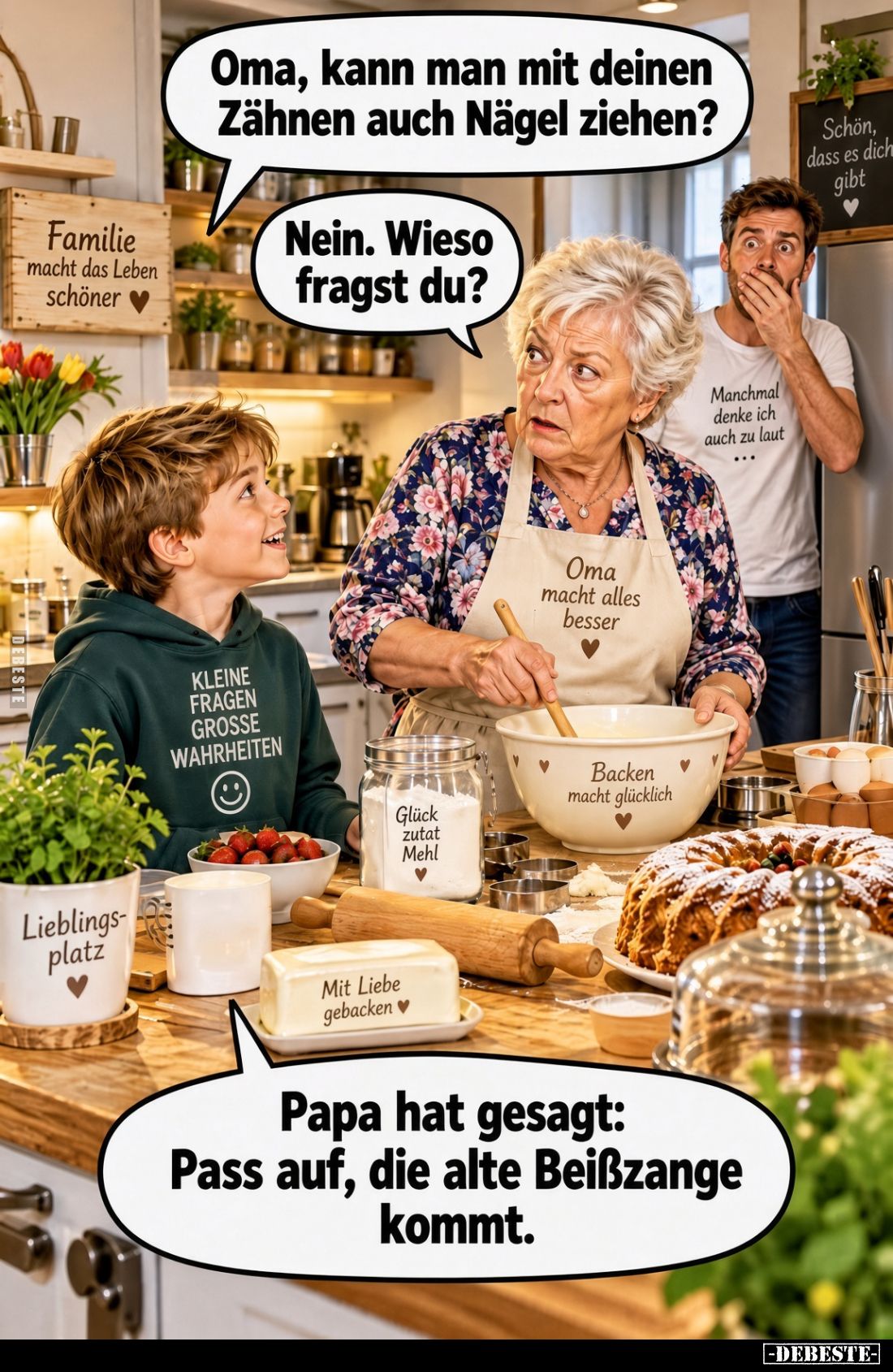 Oma, kann man mit deinen Zähnen auch Nägel ziehen?

Nein. Wieso fragst du?

Papa hat gesagt: Pass auf, die alte Beißzange...
