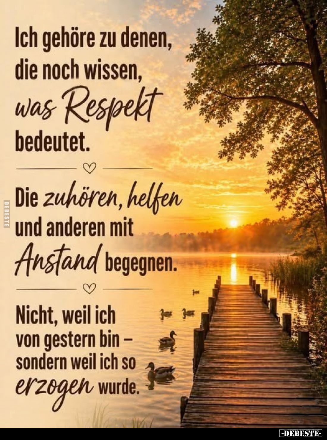 Ich gehöre zu denen, die noch wissen, was Respekt bedeutet.
Die zuhören, helfen und anderen mit Anstand begegnen.
Nicht, we...