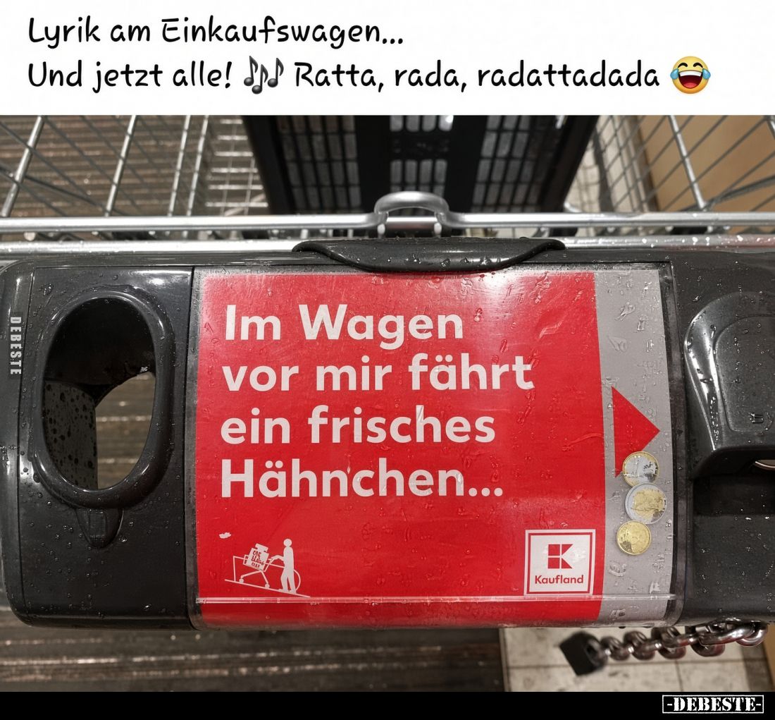 Lyrik am Einkaufswagen...
Und jetzt alle! Ratta, rada, radattadada.
Im Wagen vor mir fährt ein frisches Hähnchen...
