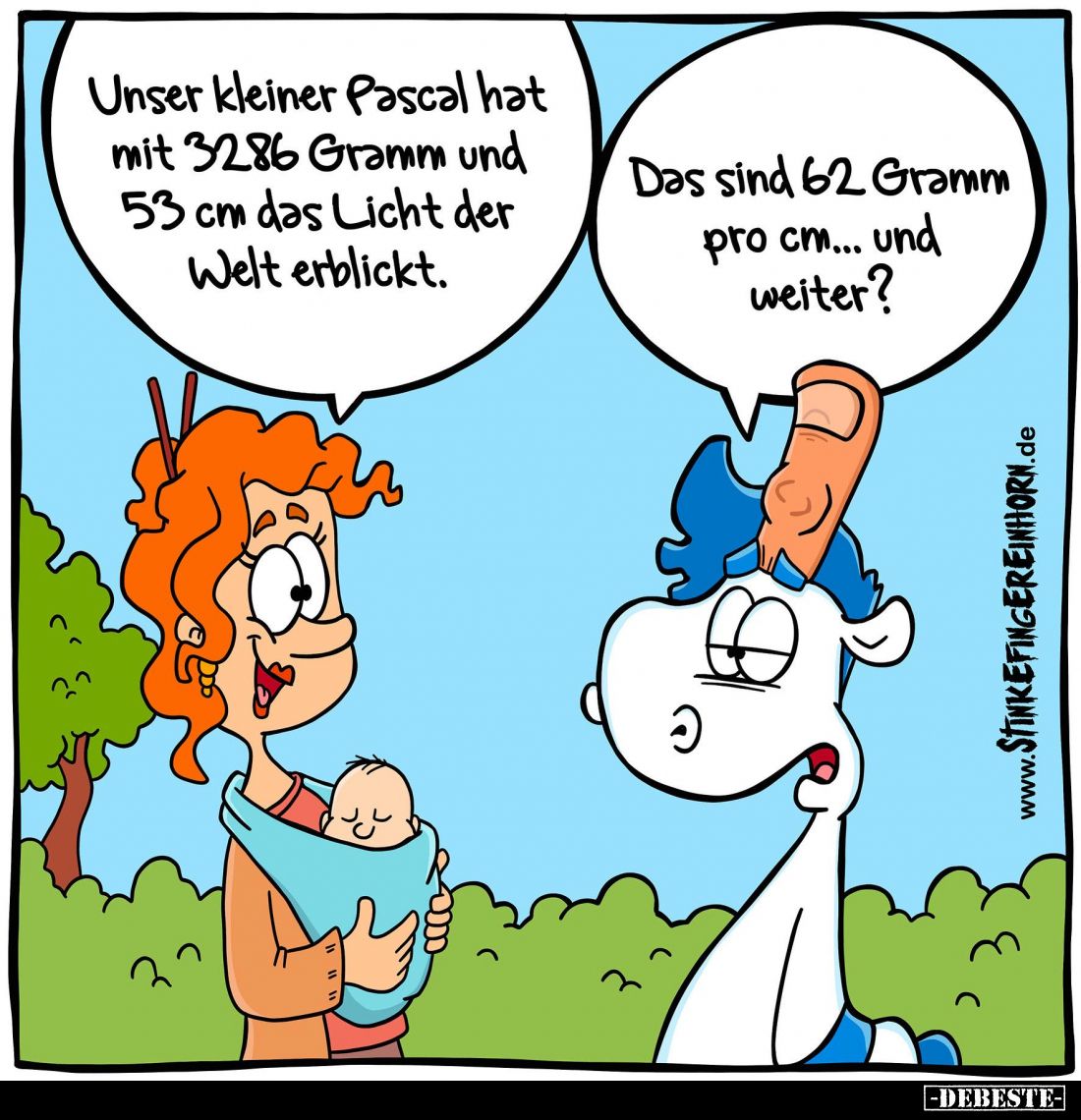 Unser kleiner Pascal hat mit 3286 Gramm und 53 cm das Licht der Welt erblickt. -
Das sind 62 Gramm pro cm... und weiter?