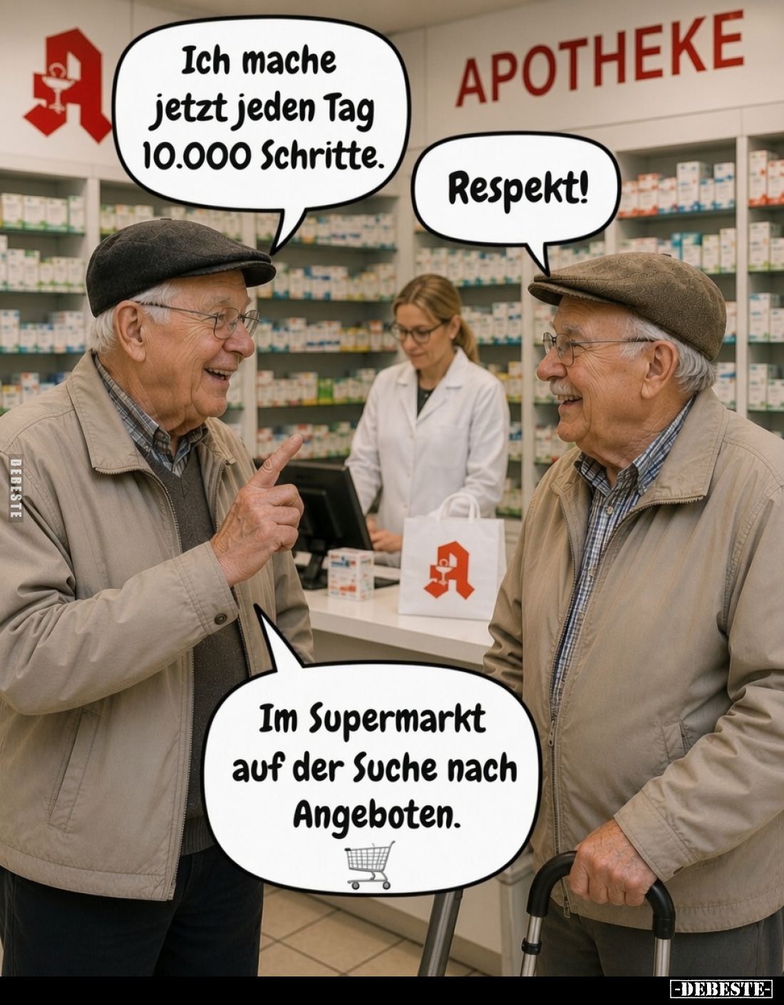 Ich mache jetzt jeden Tag 10.000 Schritte.
-
Respekt! - Im Supermarkt auf der Suche nach Angeboten.