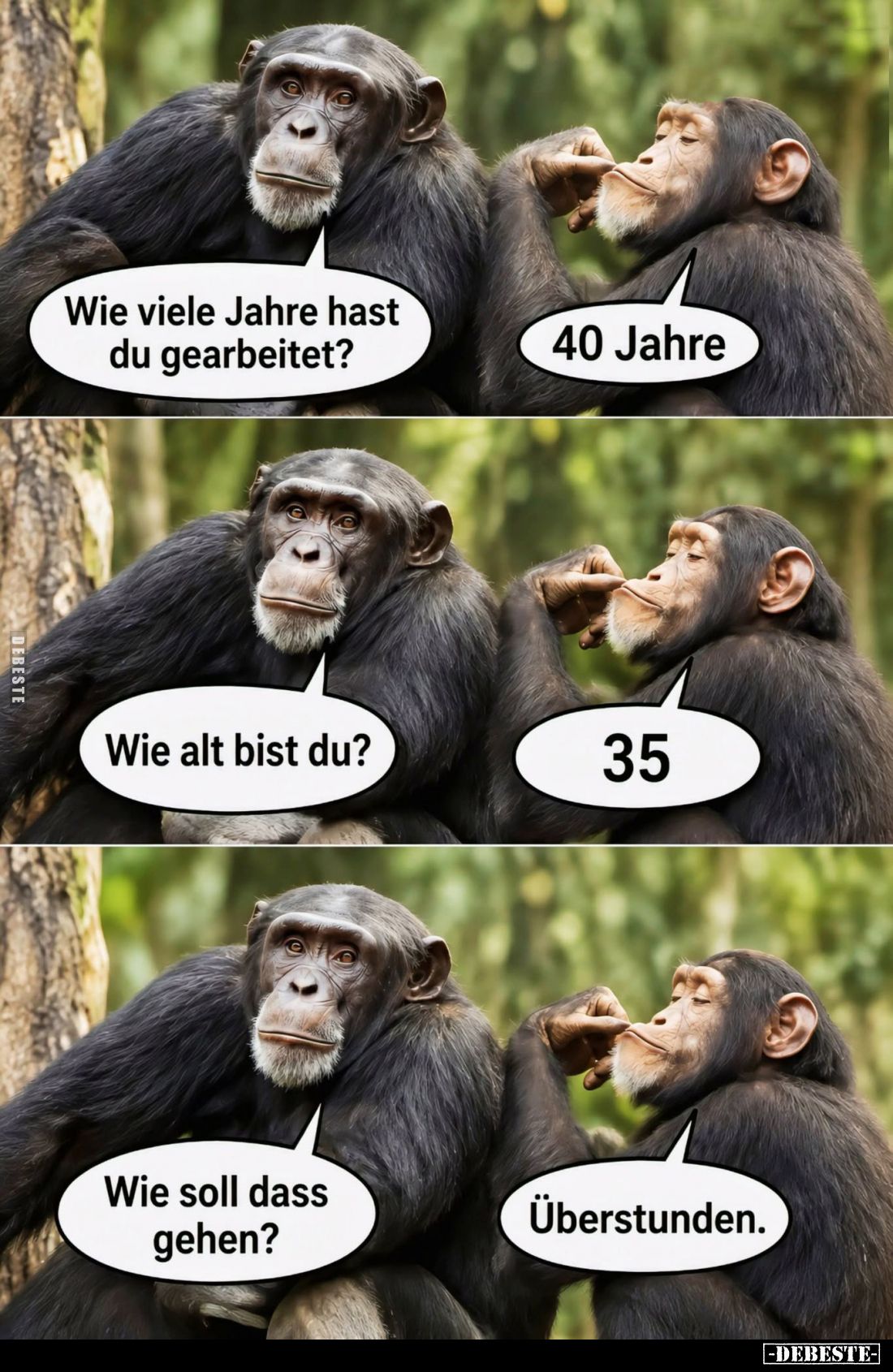 Wie viele Jahre hast du gearbeitet? -
40 Jahre. -
Wie alt bist du? -
35 -
Wie soll dass gehen? -
Überstunden.