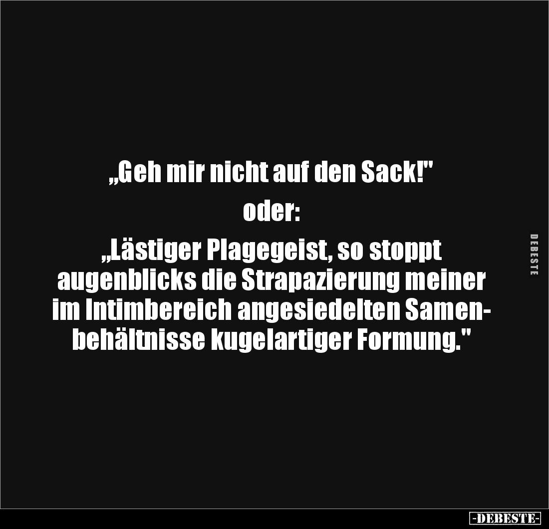 „Geh mir nicht auf den Sack!"
oder:
„Lästiger Plagegeist, so stoppt
augenblicks die Strapazierung meiner
im In...