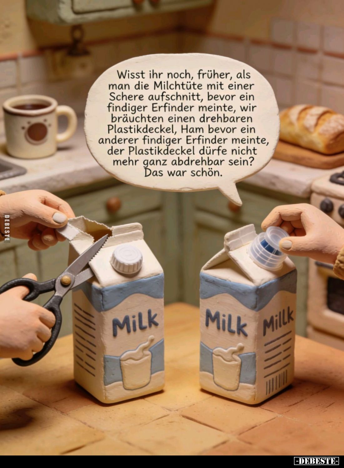 Wisst ihr noch, früher, als man die Milchtüte mit einer Schere aufschnitt, bevor ein findiger Erfinder meinte, wir bräuchten ...