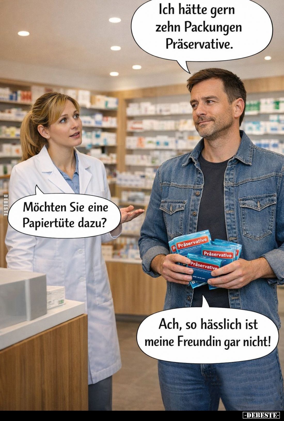 Ich hätte gern zehn Packungen Präservative. -
Möchten Sie eine Papiertüte dazu?
-
Ach, so hässlich ist meine Freundin gar ...