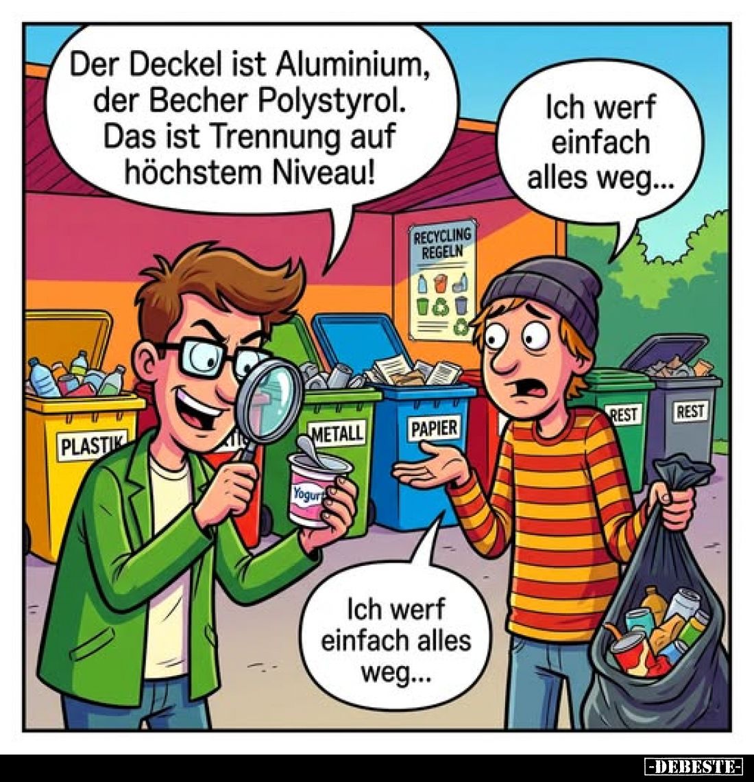 Der Deckel ist Aluminium, der Becher Polystyrol.
Das ist Trennung auf höchstem Niveau!
-
Ich werf einfach alles weg...
Ic...
