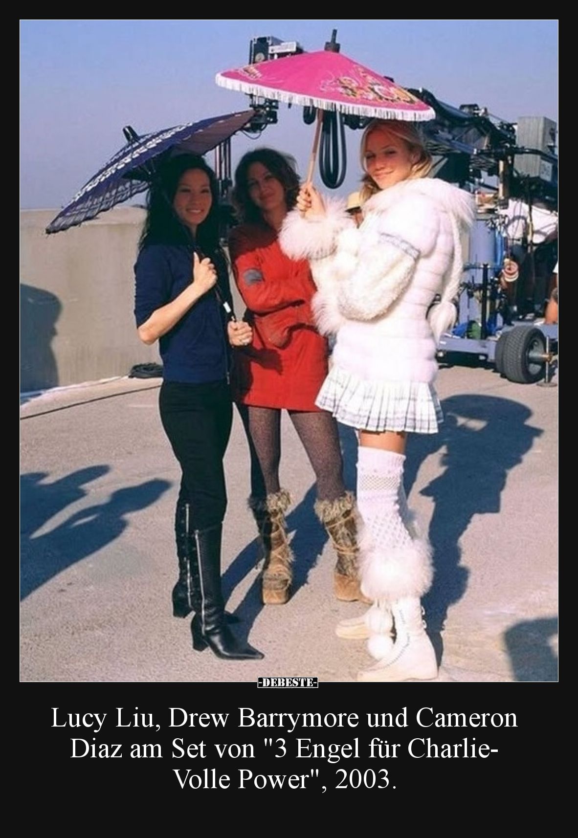 Lucy Liu, Drew Barrymore und Cameron Diaz am Set von "3 Engel für Charlie- Volle Power", 2003.