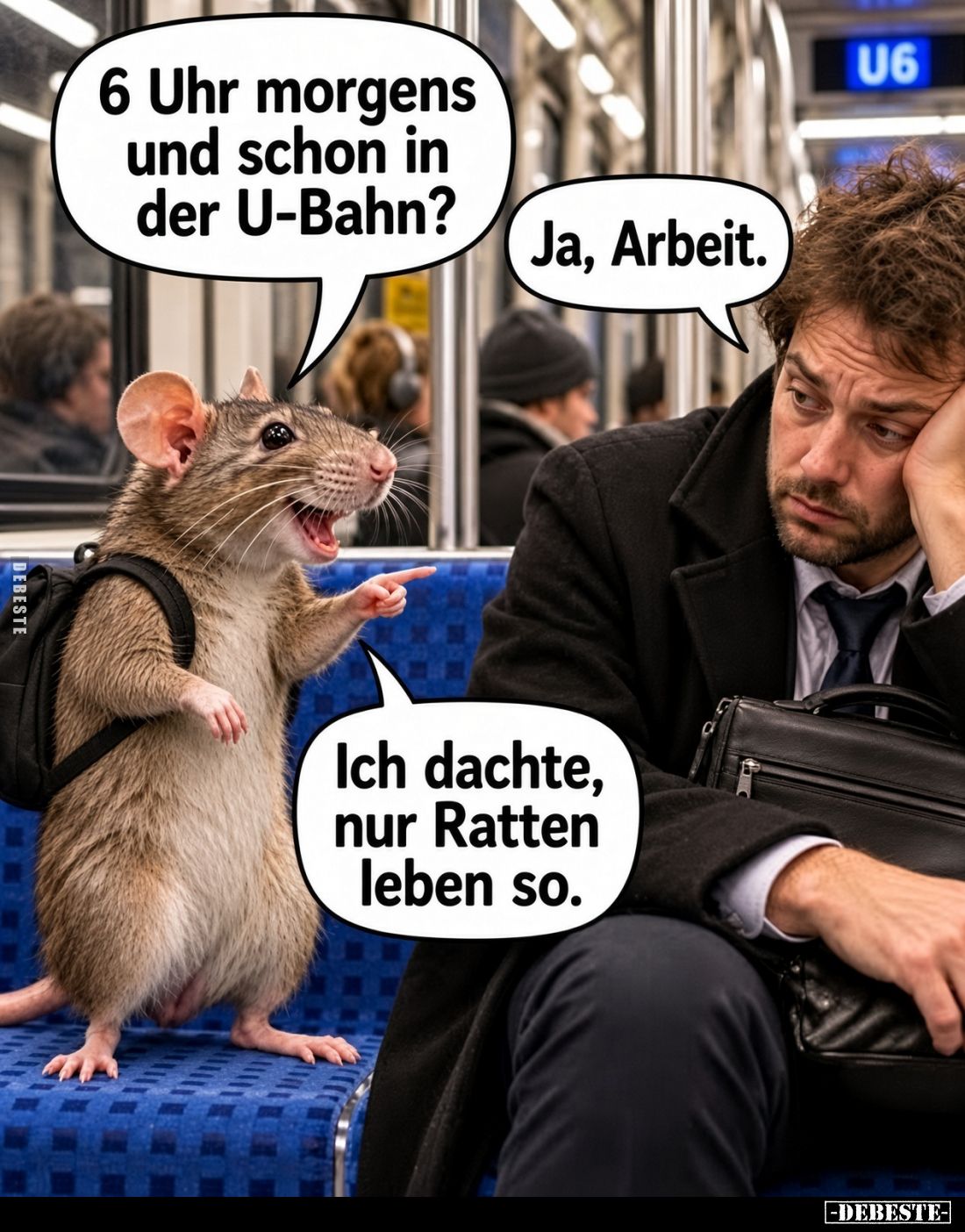 6 Uhr morgens und schon in der U-Bahn?
-
Ja, Arbeit.
-
Ich dachte, nur Ratten leben so.