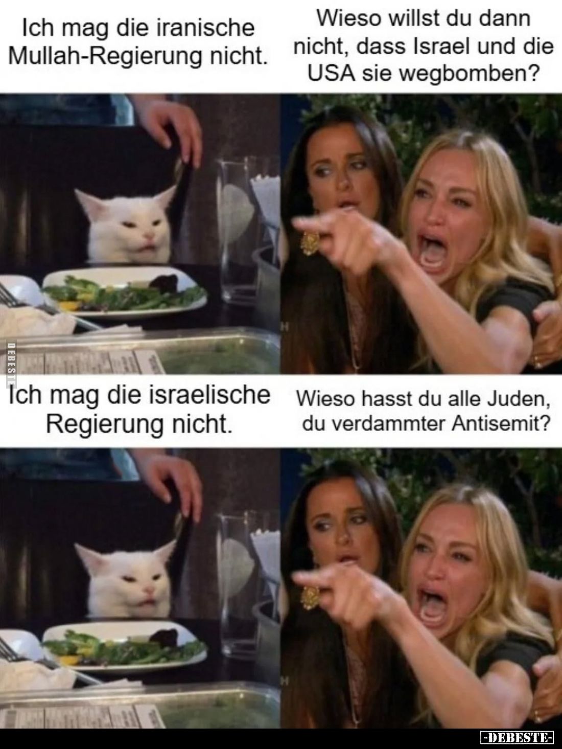 Ich mag die iranische Mullah-Regierung nicht. -
Wieso willst du dann nicht, dass Israel und die USA sie wegbomben? -
Ich ma...