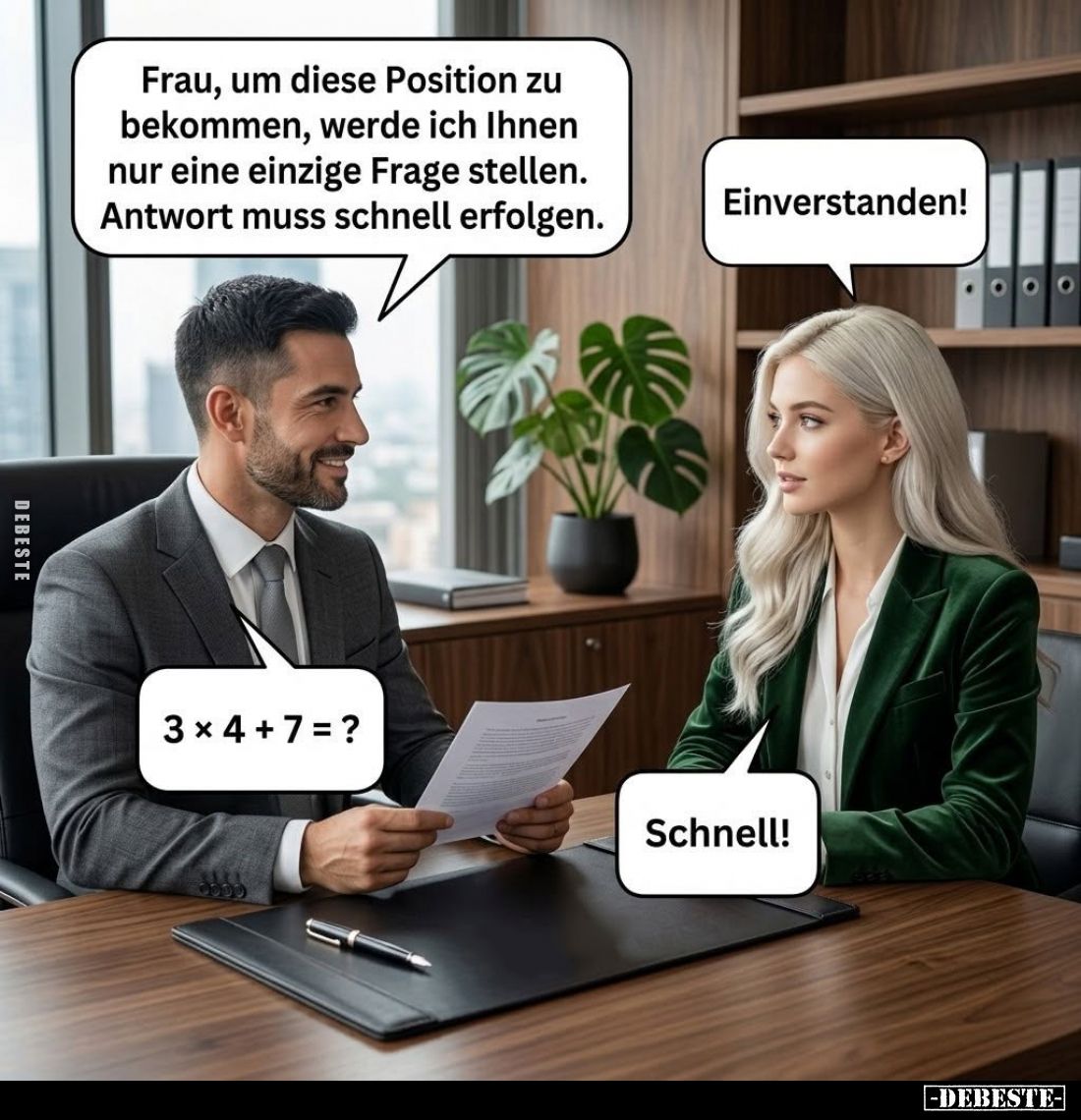 Frau, um diese Position zu bekommen, werde ich Ihnen nur eine einzige Frage stellen. Antwort muss schnell erfolgen.
-
Einve...