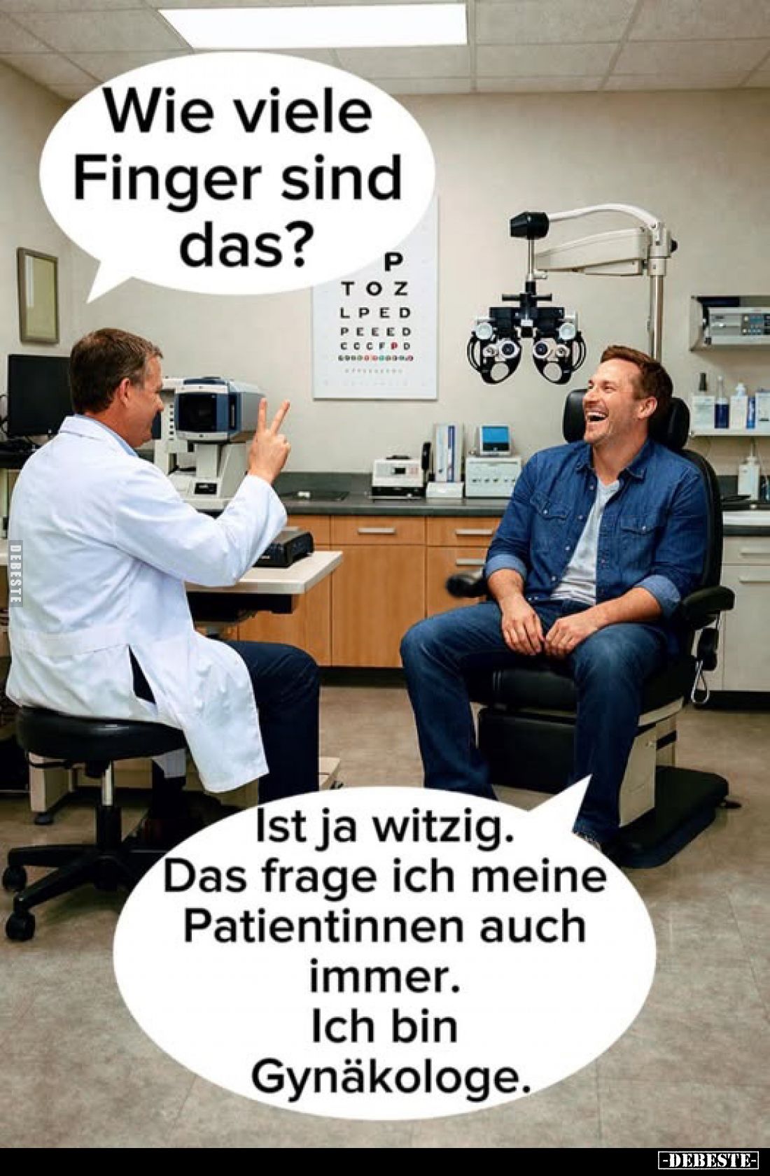 Wie viele Finger sind das?

Ist ja witzig. Das frage ich meine Patientinnen auch immer.
Ich bin Gynäkologe