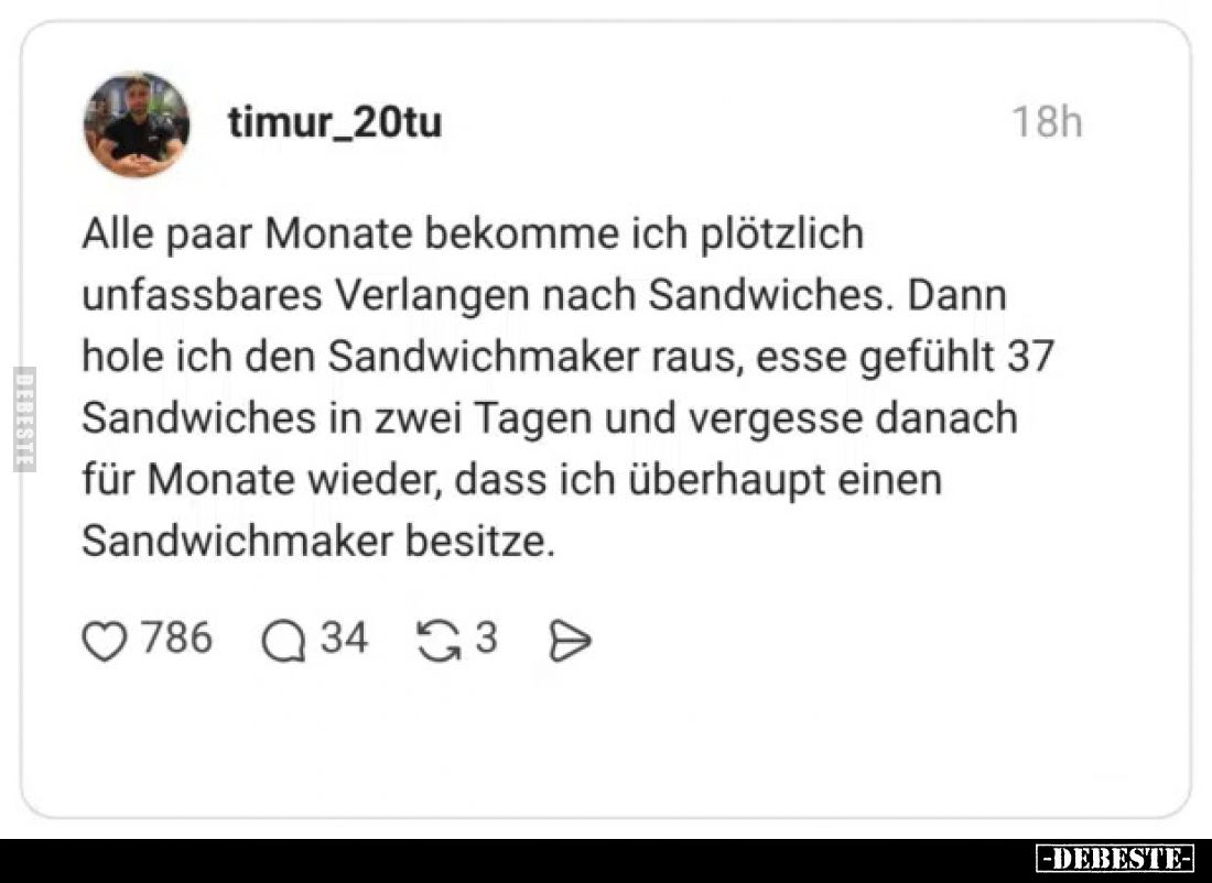 Alle paar Monate bekomme ich plötzlich unfassbares Verlangen nach Sandwiches.

Dann hole ich den Sandwichmaker raus, esse g...