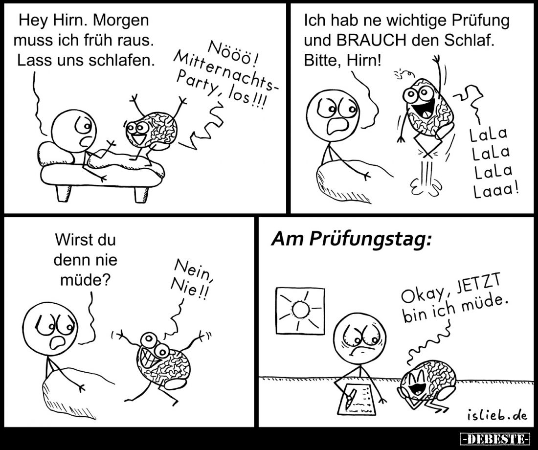 Hey Hirn. Morgen muss ich früh raus. Lass uns schlafen.
-
Nööö! Mitternachts-Party, los!!!
-
Ich hab ne wichtige Prüfung ...