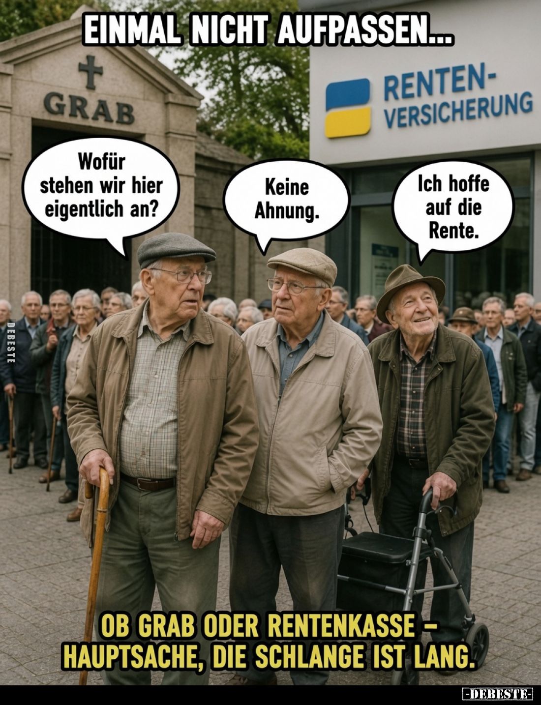 EINMAL NICHT AUFPASSEN...

Wofür stehen wir hier eigentlich an?
Keine Ahnung.
Ich hoffe auf die Rente.

OB GRAB ODER RE...