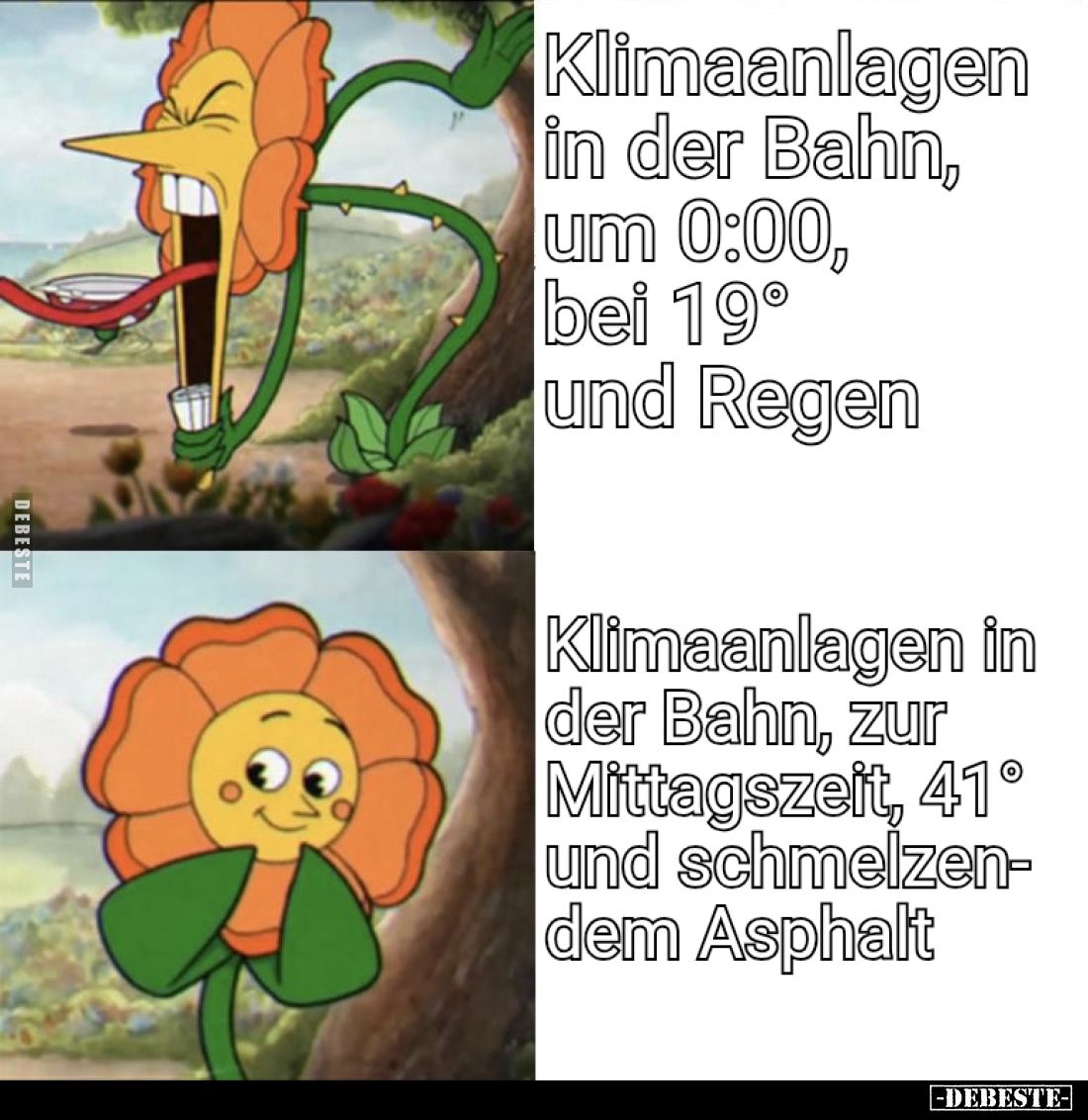 Klimaanlagen in der Bahn, um 0:00, bei 19° und Regen -

Klimaanlagen in der Bahn, zur Mittagszeit, 41° und schmelzen- dem A...