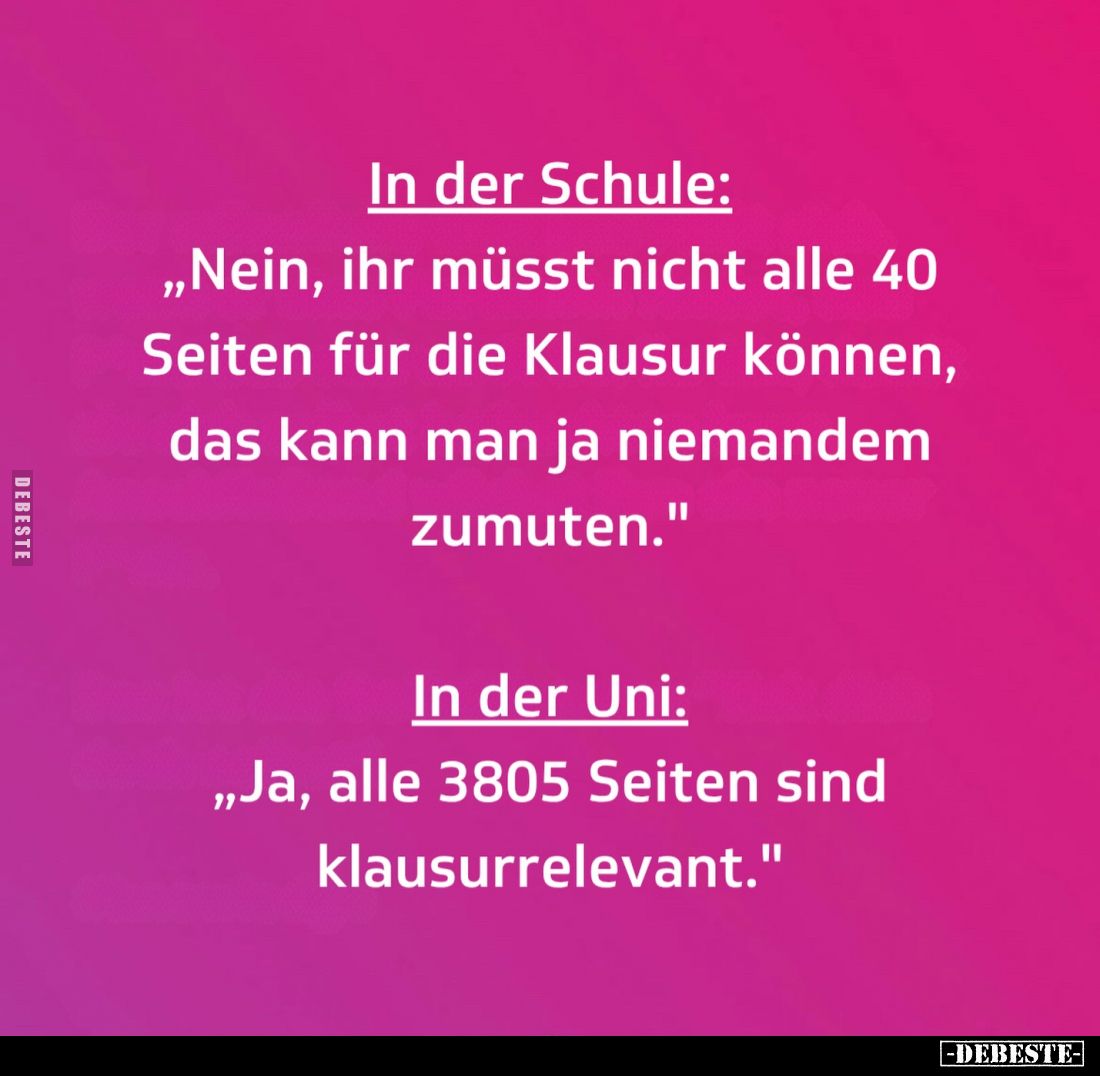 In der Schule:
„Nein, ihr müsst nicht alle 40 Seiten für die Klausur können, das kann man ja niemandem zumuten."
In de...