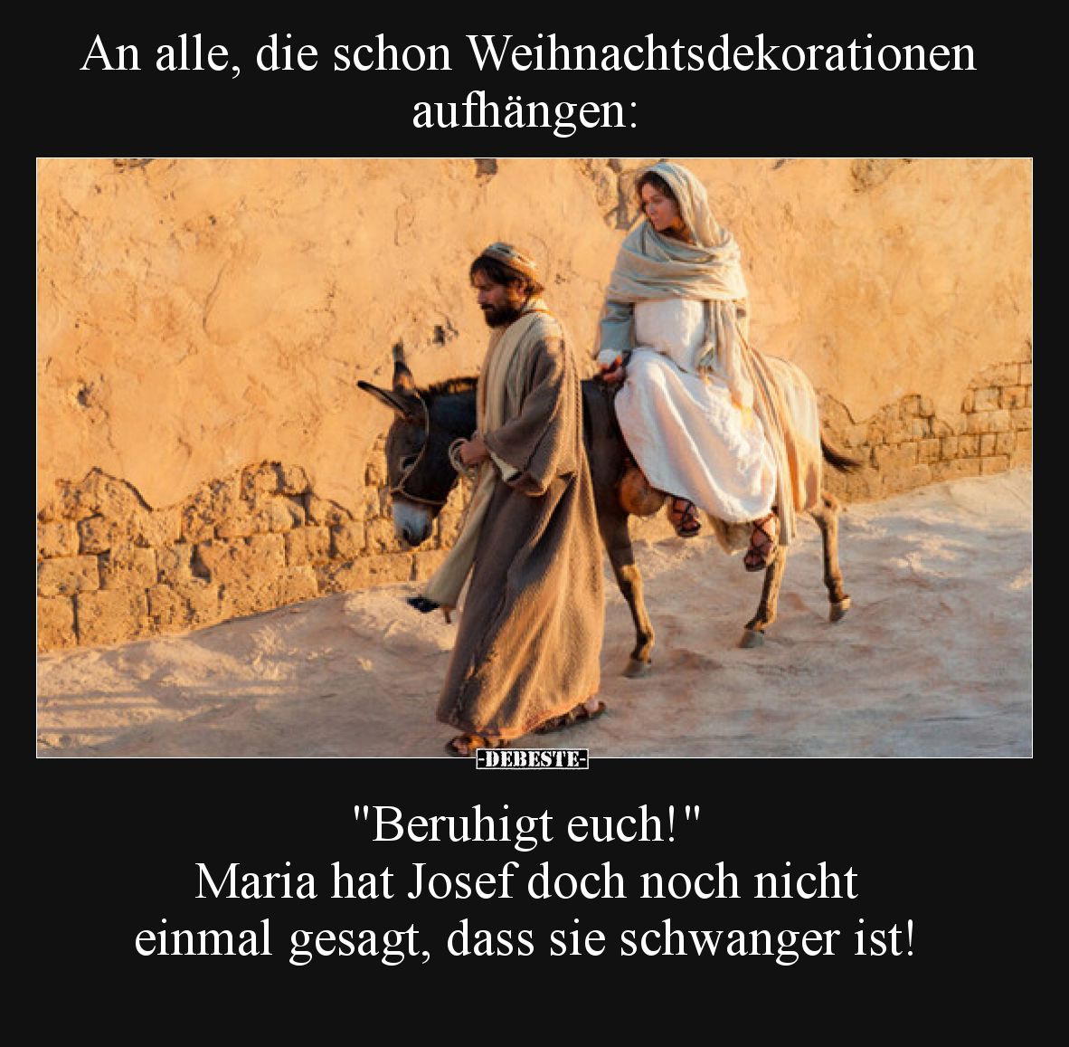 An alle, die schon Weihnachtsdekorationen aufhängen:
"Beruhigt euch!"
Maria hat Josef doch noch nicht einmal g...