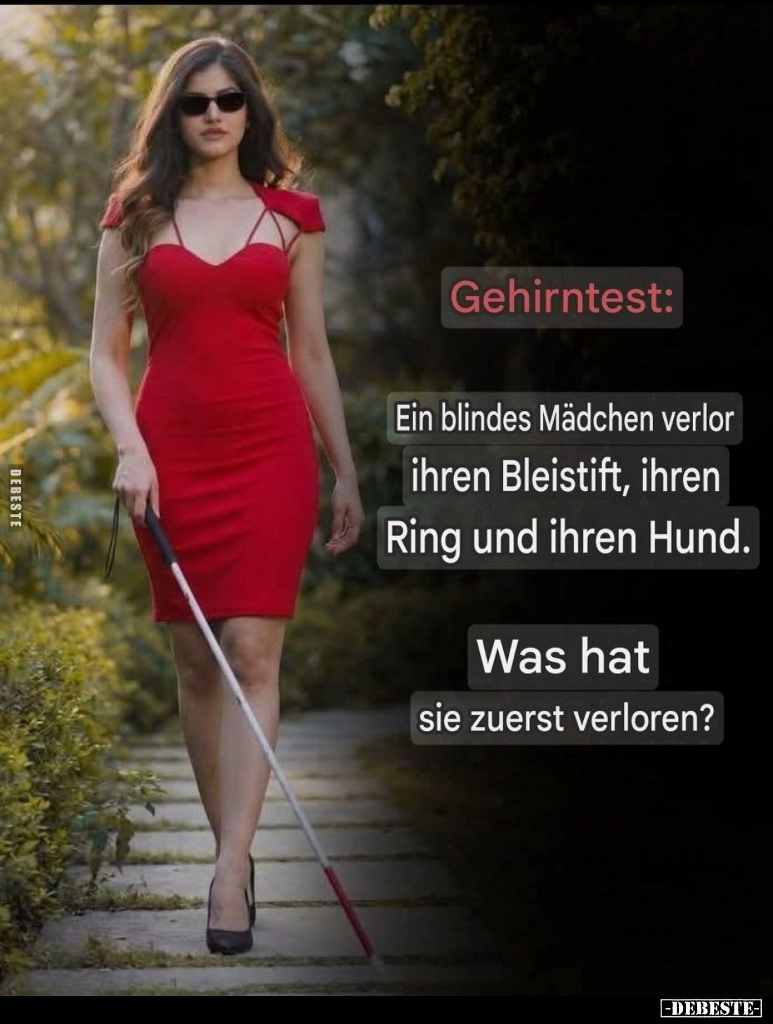 Gehirntest:
Ein blindes Mädchen verlor ihren Bleistift, ihren Ring und ihren Hund.
Was hat sie zuerst verloren?