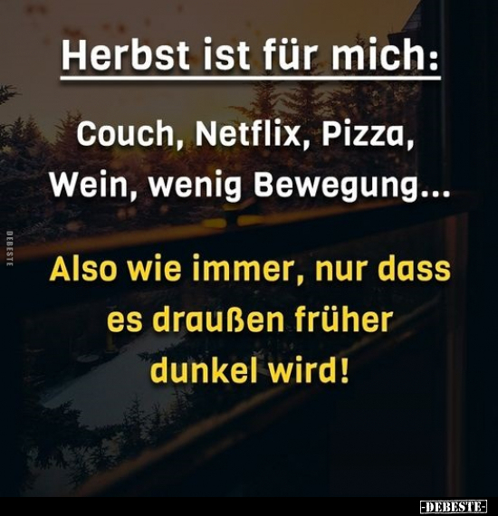Herbst ist für mich: Couch, Netflix, Pizza, Wein, wenig.. - Lustige Bilder | DEBESTE.de