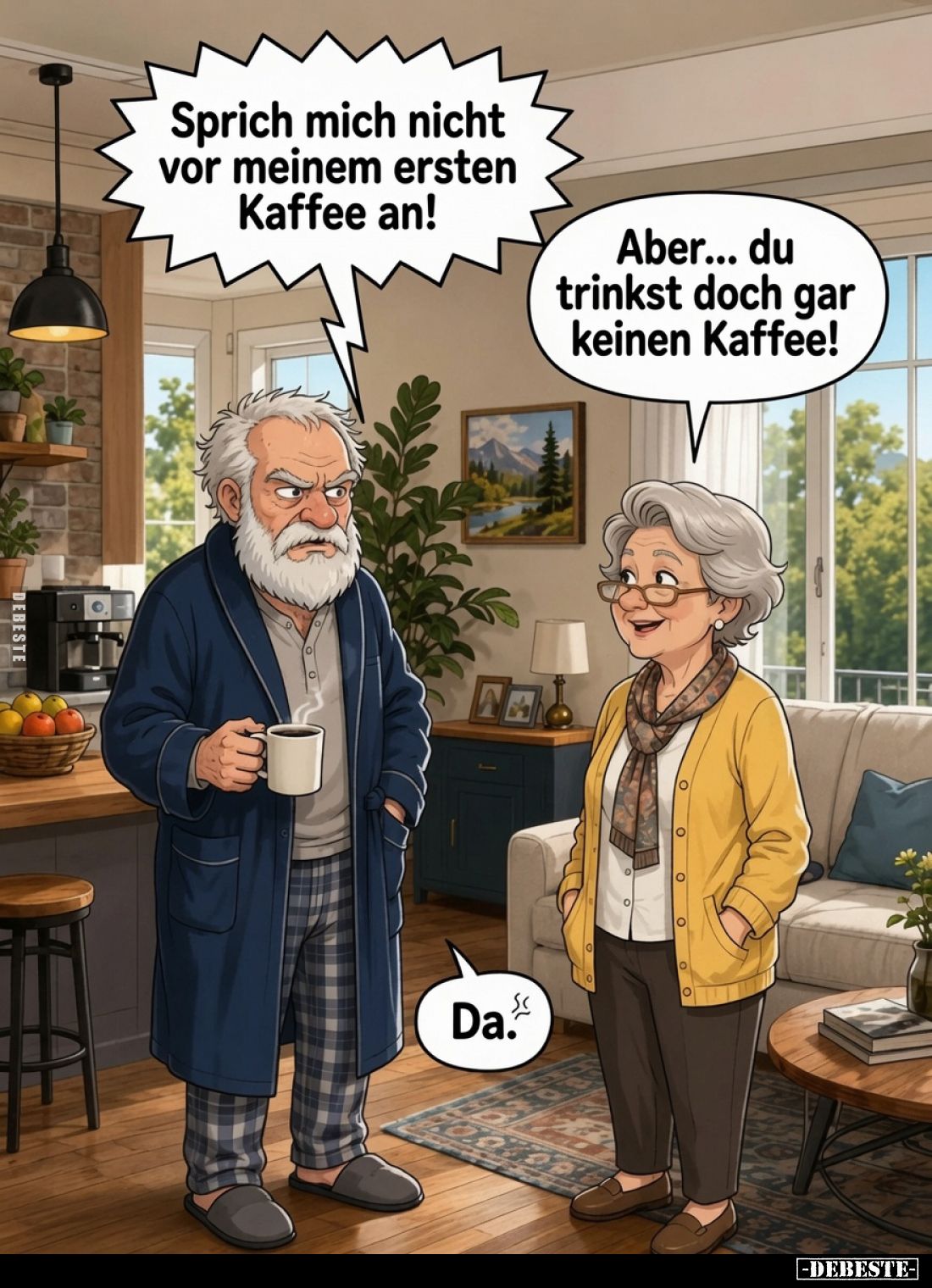 Sprich mich nicht vor meinem ersten Kaffee an!
Aber... du trinkst doch gar keinen Kaffee!
Da.