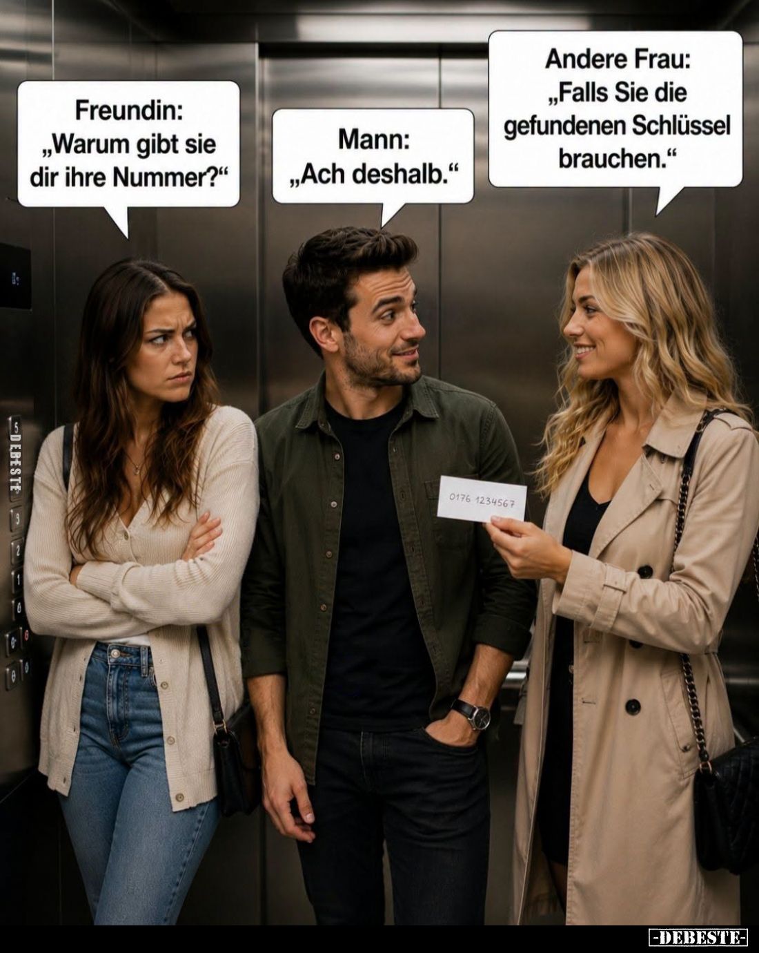 Freundin:
"Warum gibt sie dir ihre Nummer?" -
Mann:
"Ach deshalb." -
Andere Frau:
"Falls Sie di...