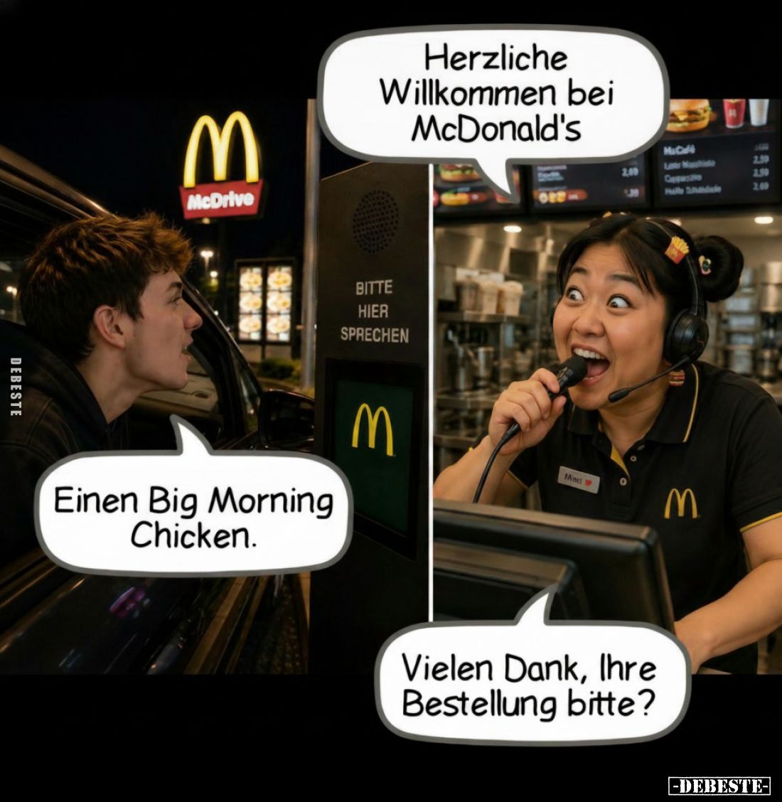 Herzliche Willkommen bei McDonald's. Einen Big Morning Chicken. Vielen Dank, Ihre Bestellung bitte?