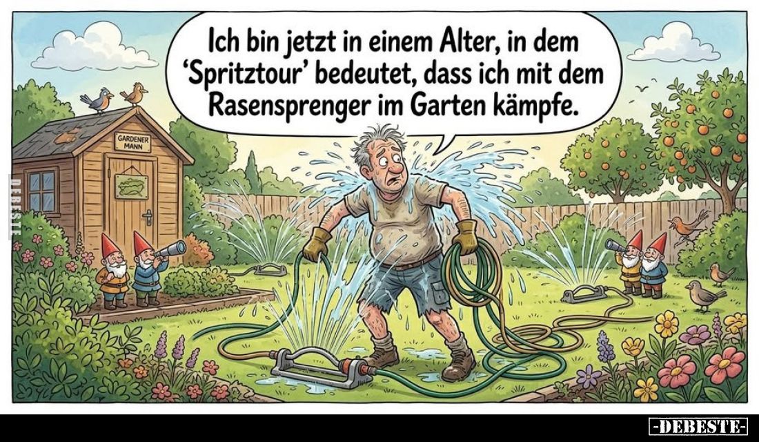 Ich bin jetzt in einem Alter, in dem 'Spritztour' bedeutet, dass ich mit dem Rasensprenger im Garten kämpfe.