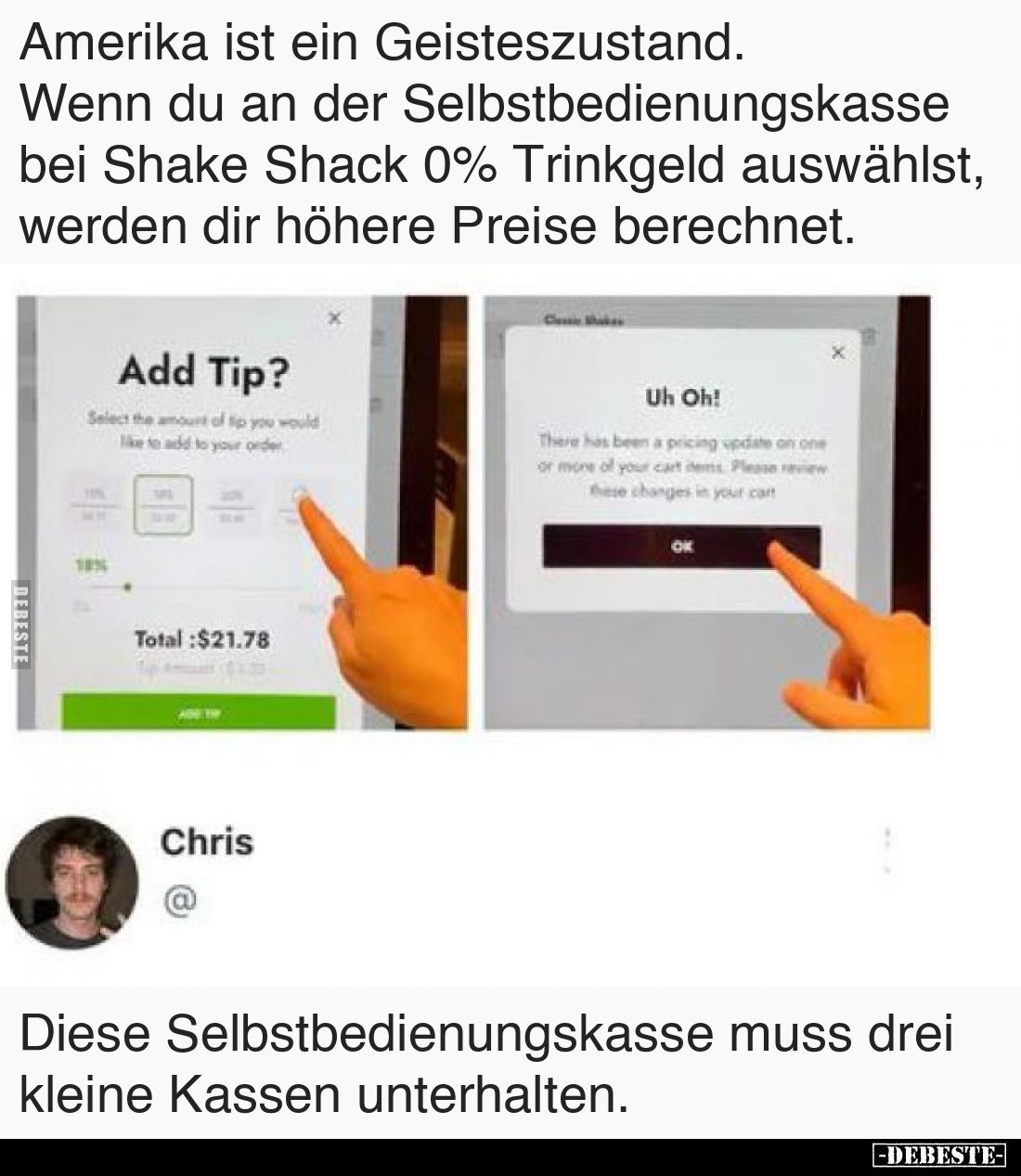 Amerika ist ein Geisteszustand. Wenn du an der Selbstbedienungskasse bei Shake Shack 0% Trinkgeld auswählst, werden dir höher...