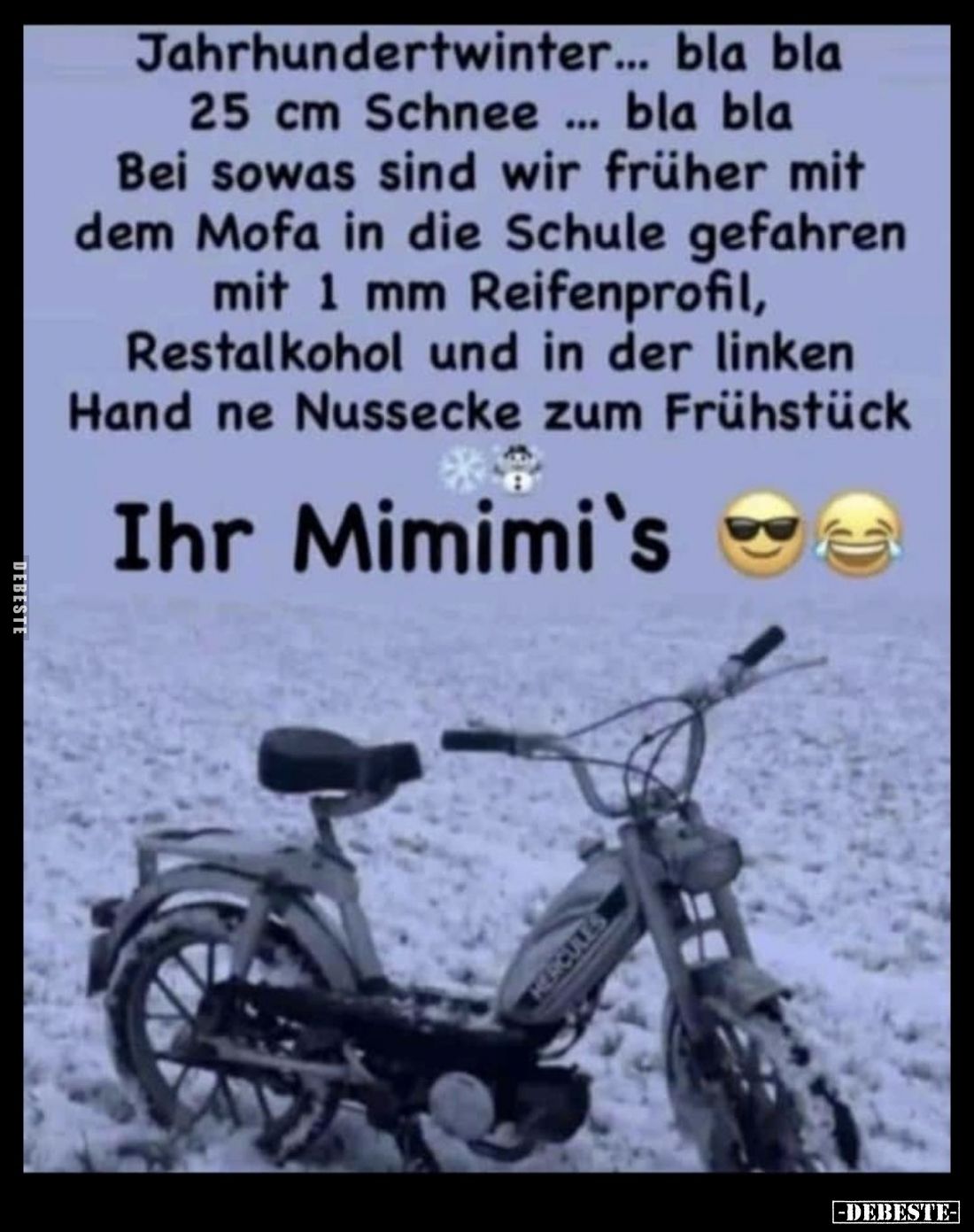 Jahrhundertwinter... bla bla 25 cm Schnee ... bla bla Bei sowas sind wir früher mit dem Mofa in die Schule gefahren mit 1 mm ...