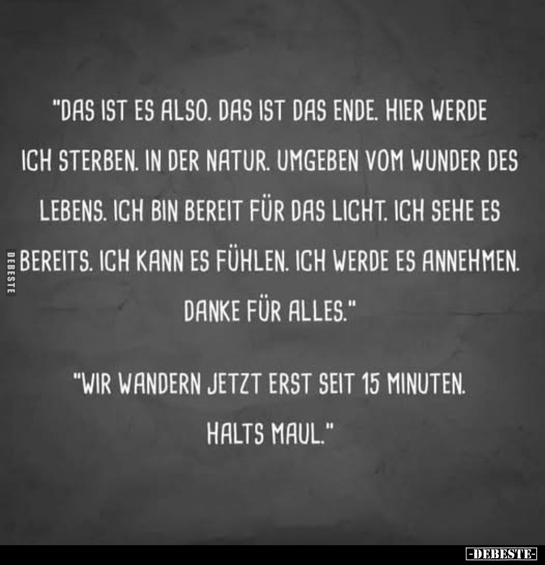 "Das ist es also. Das ist das Ende. Hier werde ich sterben. In der Natur. Umgeben vom Wunder des Lebens. Ich bin bereit ...