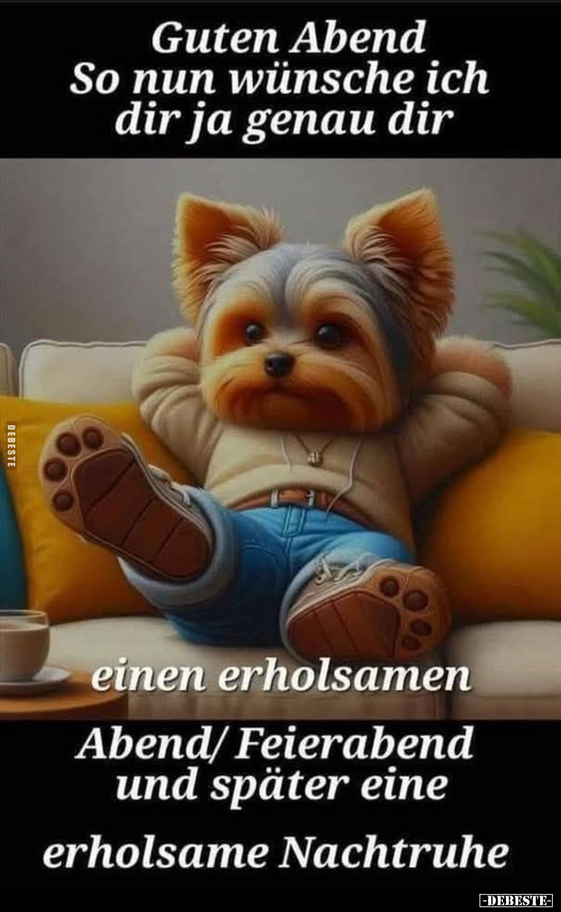 Guten Abend So nun wünsche ich dir ja genau dir
einen erholsamen
Abend/Feierabend und später eine
erholsame Nachtruhe