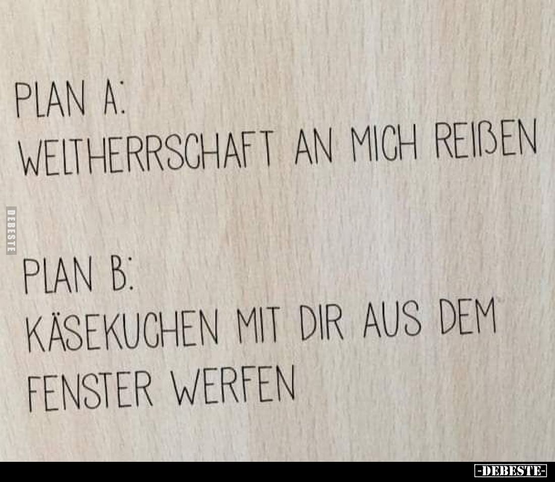 Plan A: Weltherrschaft an mich reißen
-
Plan B: Käsekuchen mit dir aus dem Fenster werfen