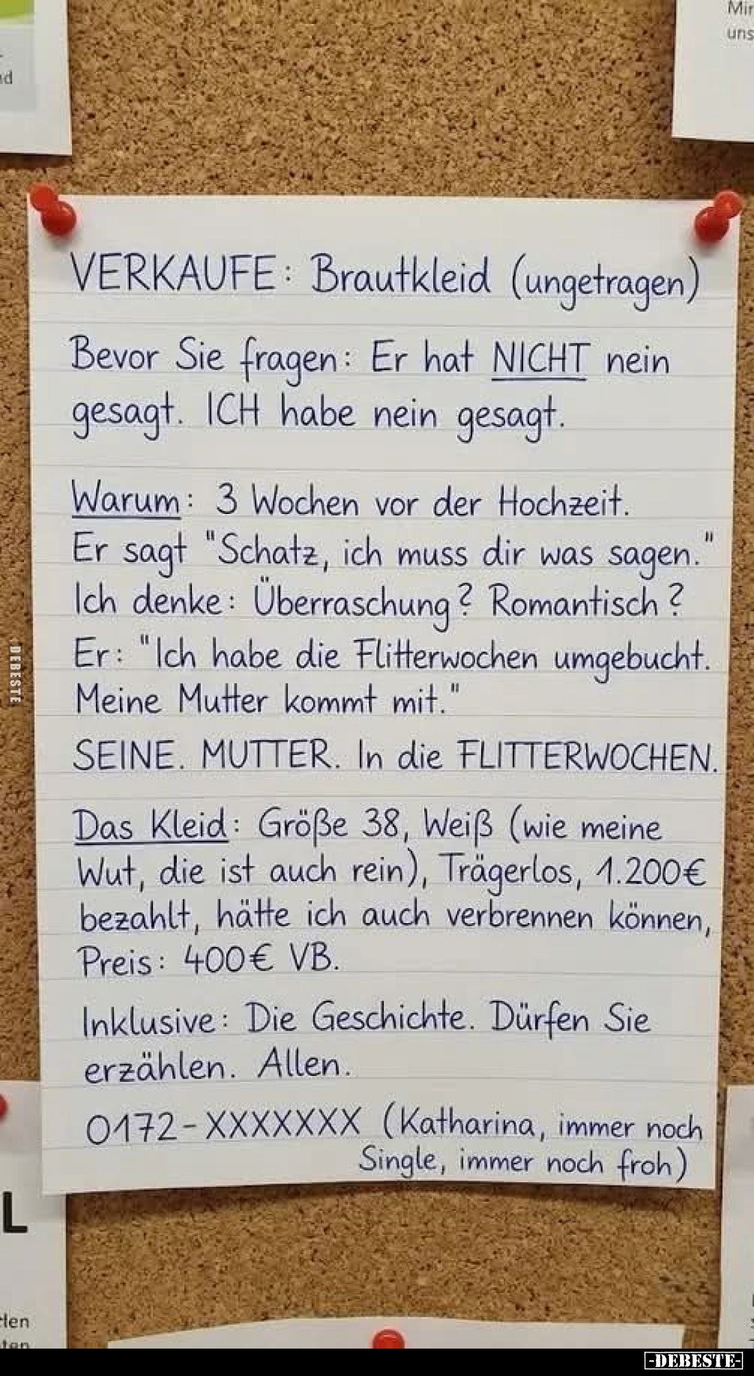 VERKAUFE: Brautkleid (ungetragen).
Bevor Sie fragen: Er hat NICHT nein gesagt. ICH habe nein gesagt.
Warum: 3 Wochen vor de...