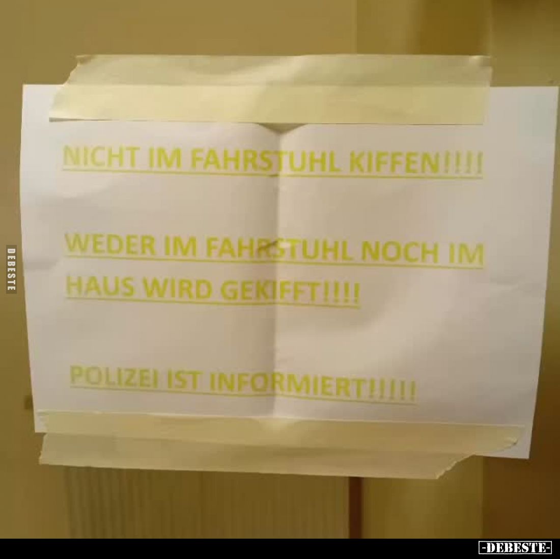 Nicht im Fahrstuhl kiffen!!!!
Weder im Fahrstuhl noch im Haus wird gekifft!!!!
Polizei ist informiert!!!!!!