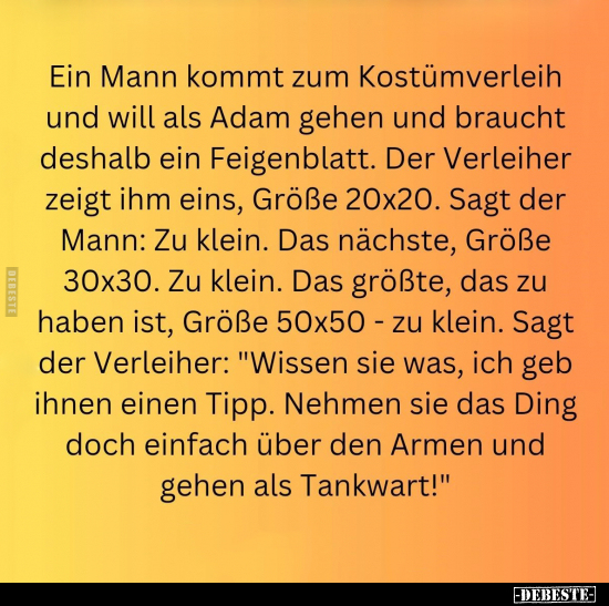 Ein Mann kommt zum Kostümverleih und will als Adam gehen.. - Lustige Bilder | DEBESTE.de