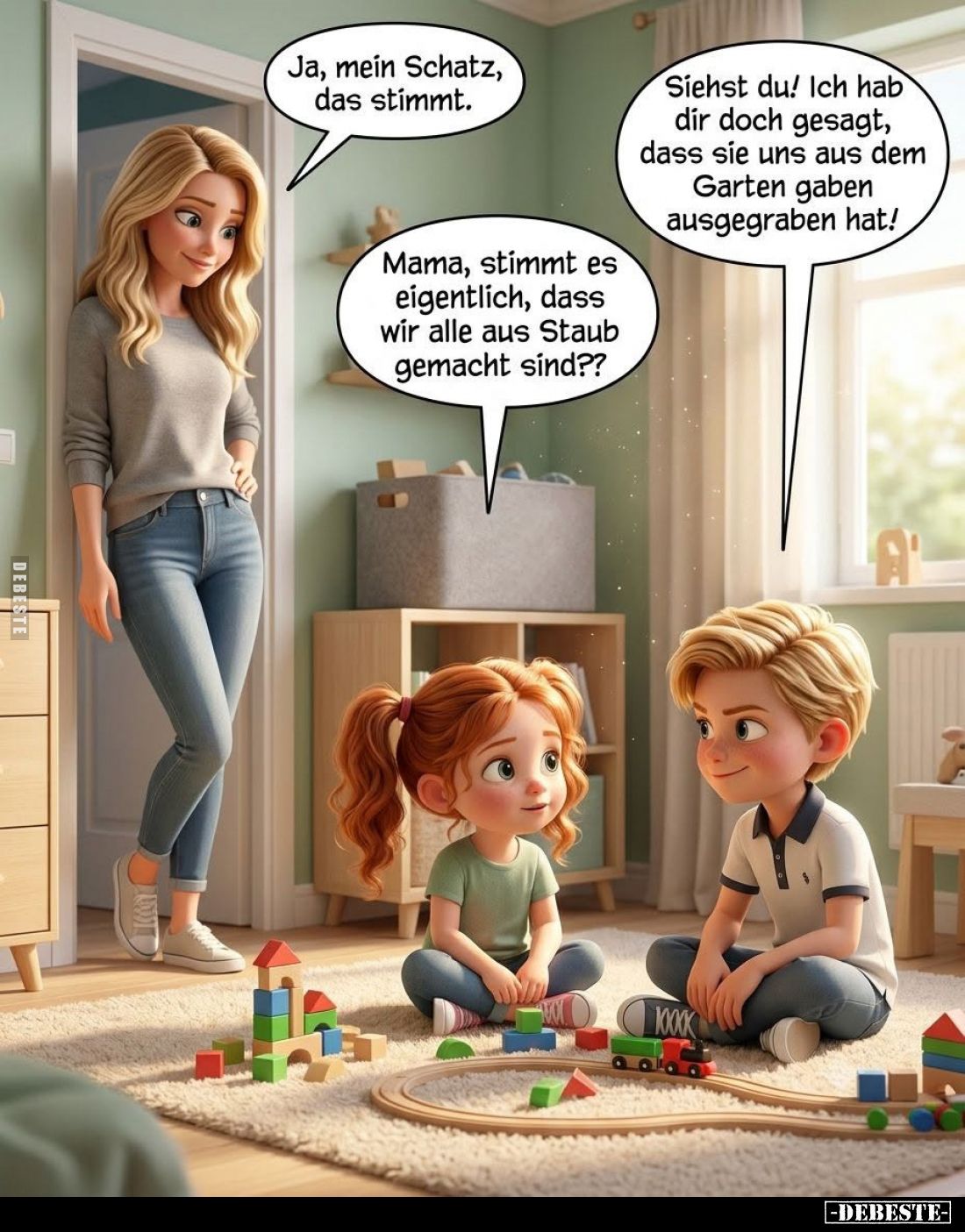 Mama, stimmt es eigentlich, dass wir alle aus Staub gemacht sind??
-
Ja, mein Schatz, das stimmt.
-
Siehst du! Ich hab di...