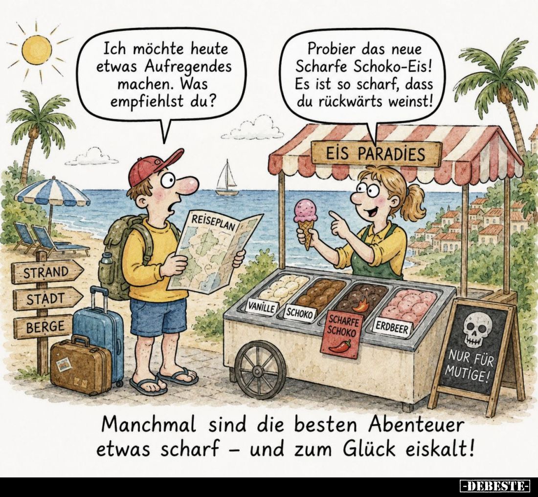 Ich möchte heute etwas Aufregendes machen. Was empfiehlst du?
Probier das neue Scharfe Schoko-Eis! Es ist so scharf, dass du...