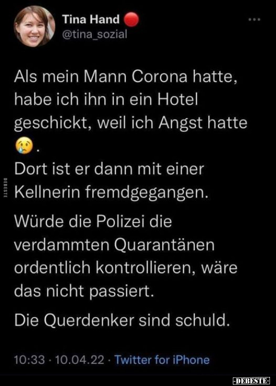 Als mein Mann Corona hatte, habe ich ihn in ein Hotel.. - Lustige Bilder | DEBESTE.de
