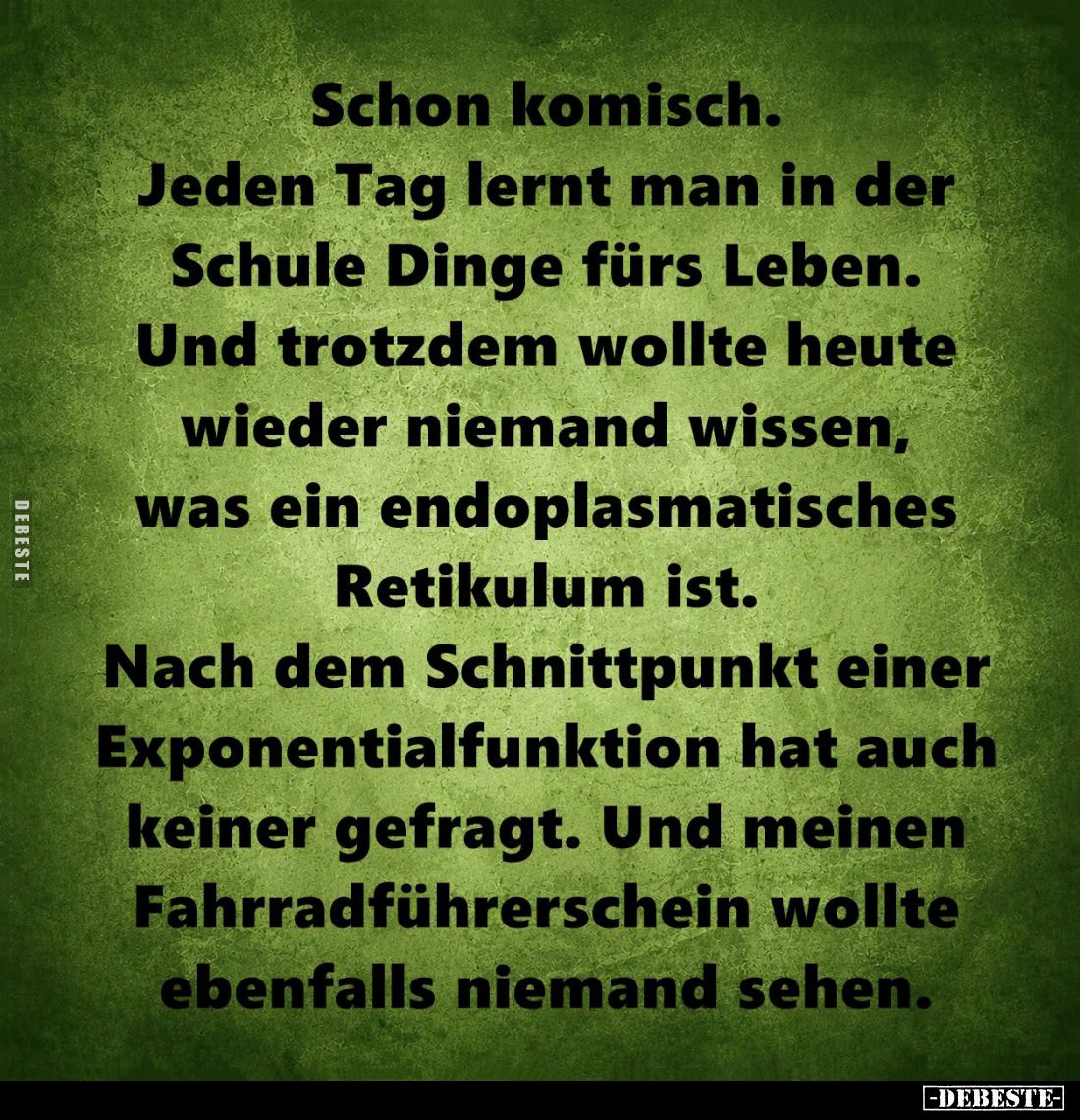 Schon komisch.
Jeden Tag lernt man in der Schule Dinge fürs Leben.
Und trotzdem wollte heute wieder niemand wissen, was ein...