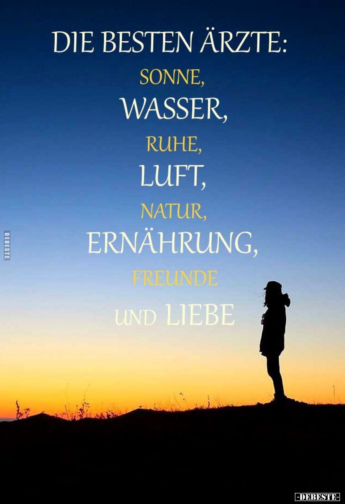 Die besten Ärzte:
Sonne,
Wasser,
Ruhe,
Luft,
Natur,
Ernährung,
Freunde
und Liebe.