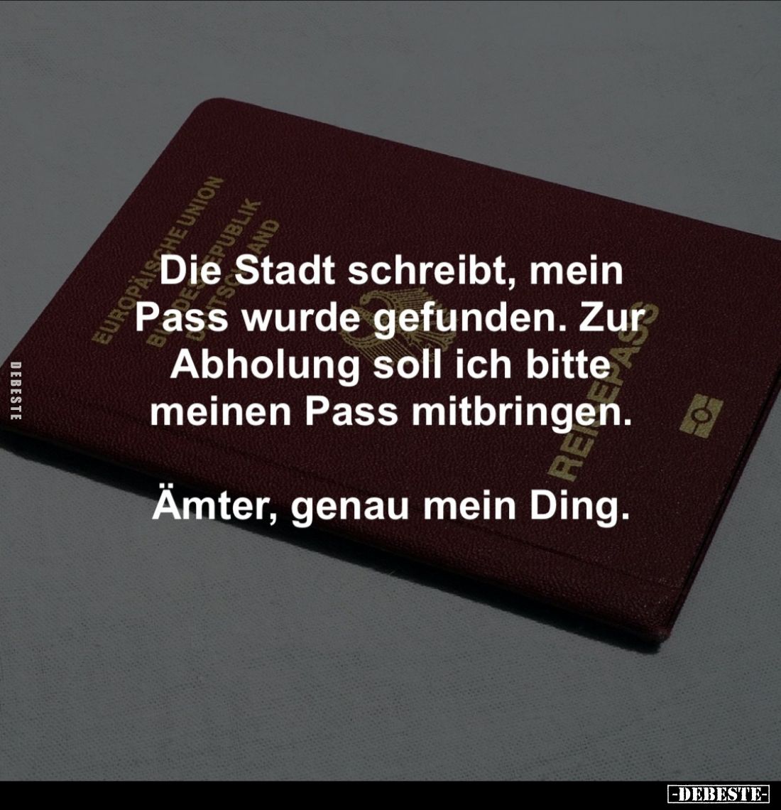 Die Stadt schreibt, mein Pass wurde gefunden. Zur Abholung soll ich bitte meinen Pass mitbringen.
Ämter, genau mein Ding.