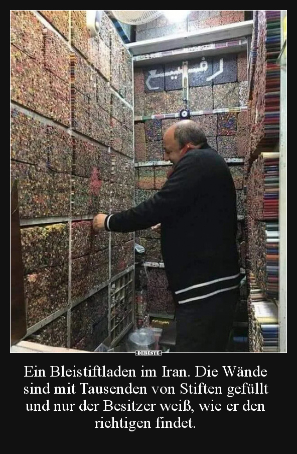 Ein Bleistiftladen im Iran. Die Wände sind mit Tausenden..