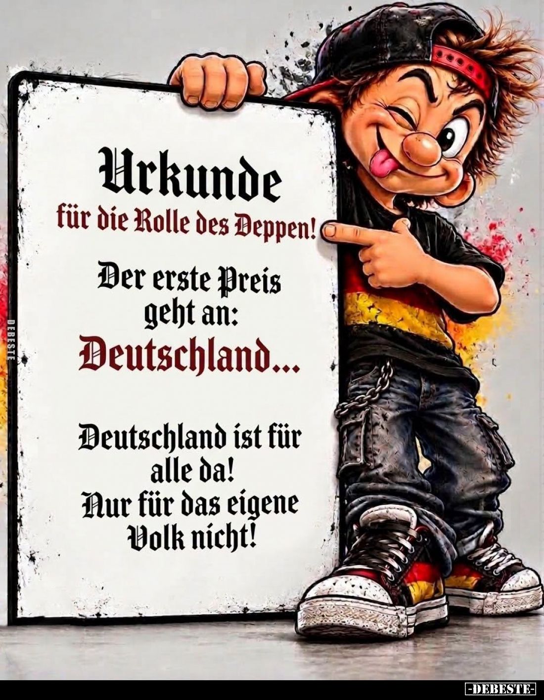 Urkunde für die Rolle des Deppen!
Der erste Preis geht an:
Deutschland...
Deutschland ist für alle da! Nur für das eigene ...