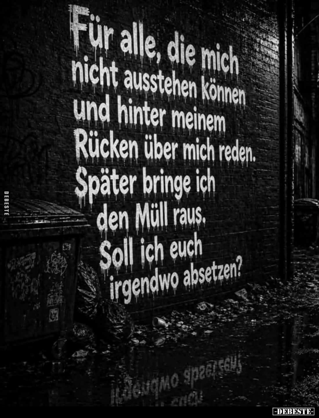 Für alle, die mich nicht ausstehen können und hinter meinem Rücken über mich reden. Später bringe ich den Müll raus. Soll ich...