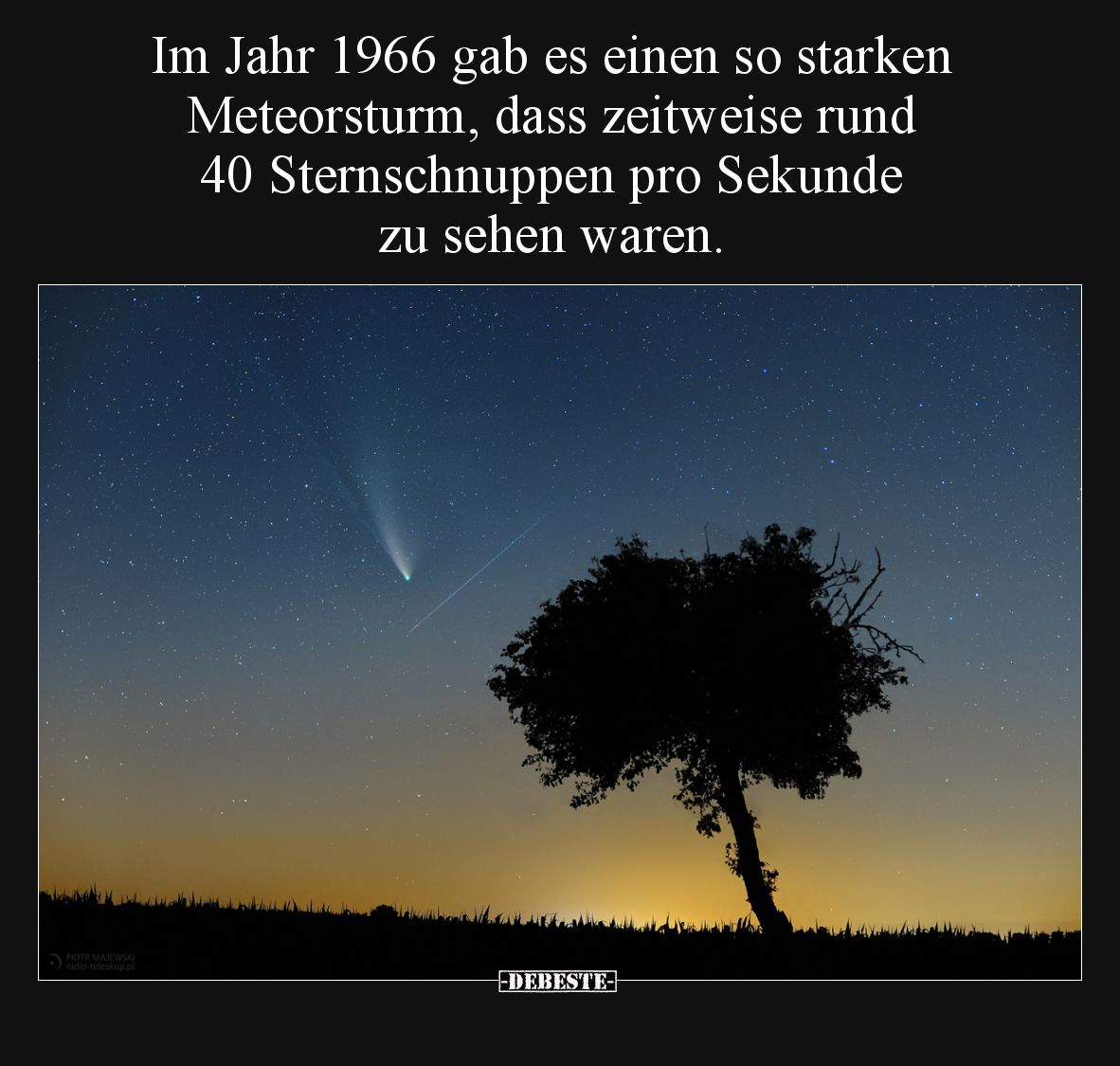 Im Jahr 1966 gab es einen so starken Meteorsturm, dass zeitweise rund 40 Sternschnuppen pro Sekunde zu sehen waren.