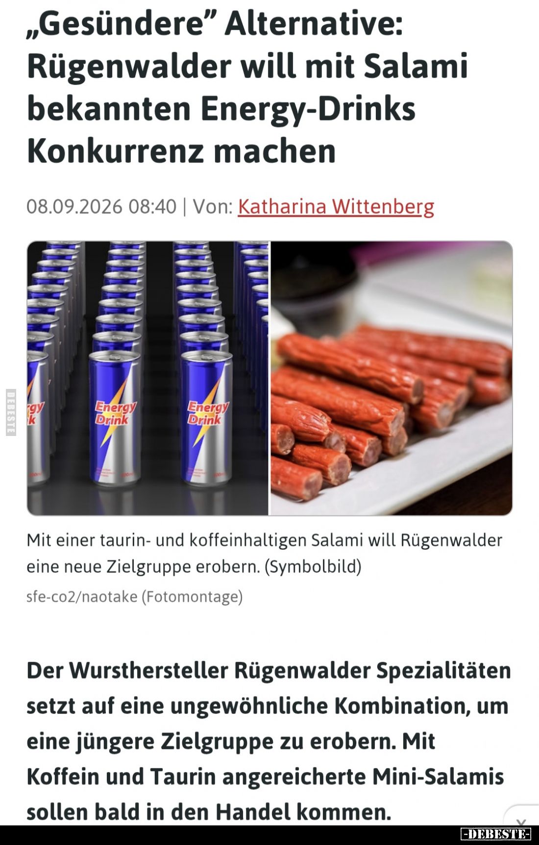 "Gesündere" Alternative: Rügenwalder will mit Salami bekannten Energy-Drinks Konkurrenz machen
 - 
Der Wurstherst...