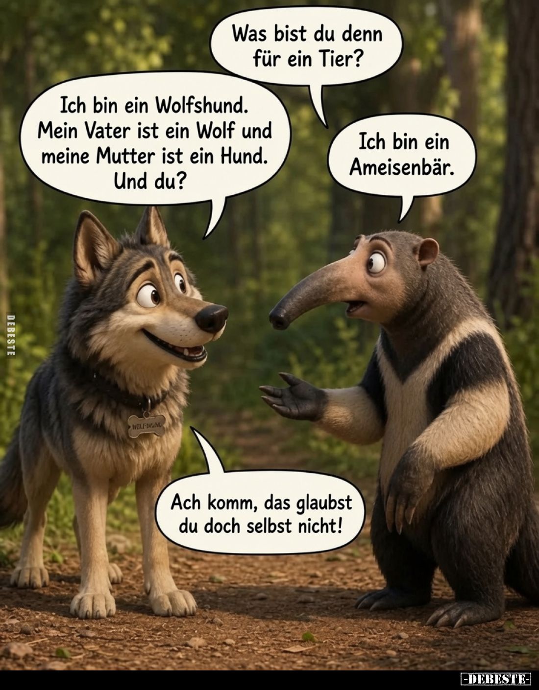 Was bist du denn für ein Tier? -
Ich bin ein Wolfshund. Mein Vater ist ein Wolf und meine Mutter ist ein Hund. Und du? -
Ic...