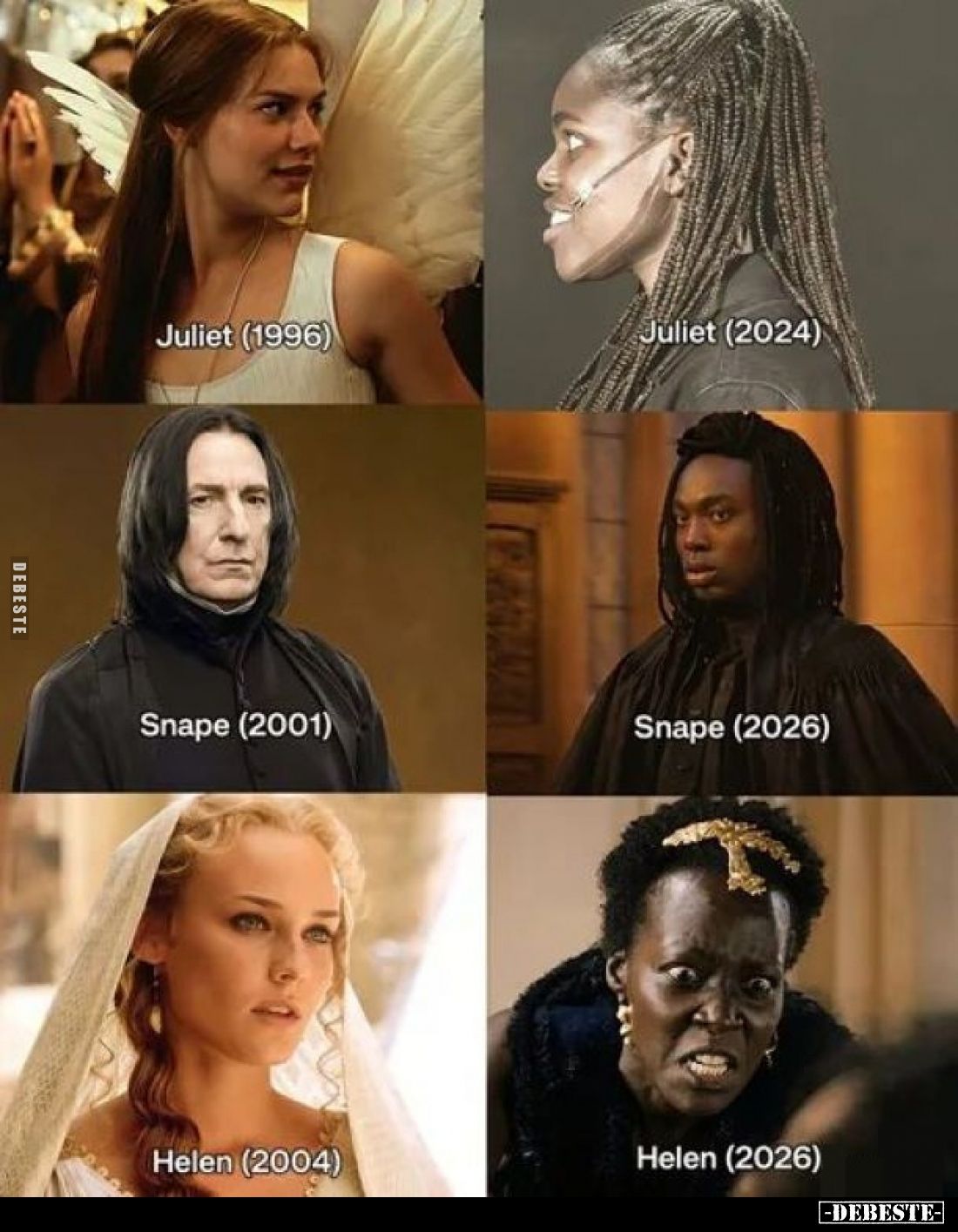 Juliet (1996) - Juliet (2024).
Snape (2001) - Snape (2026).
Helen (2004) - Helen (2026).